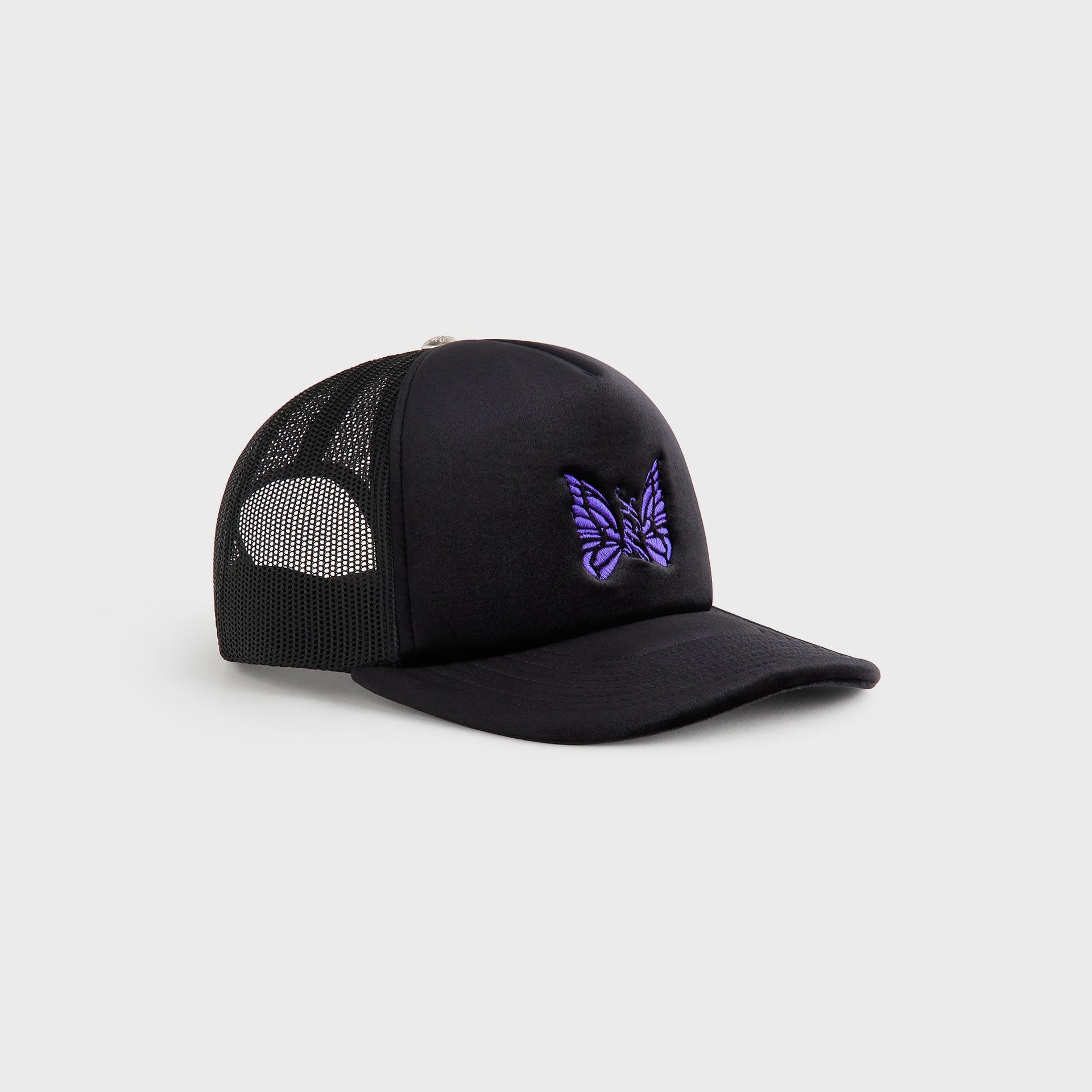 Kith for Needles Velour Nolan trucker cap in black, side profile view