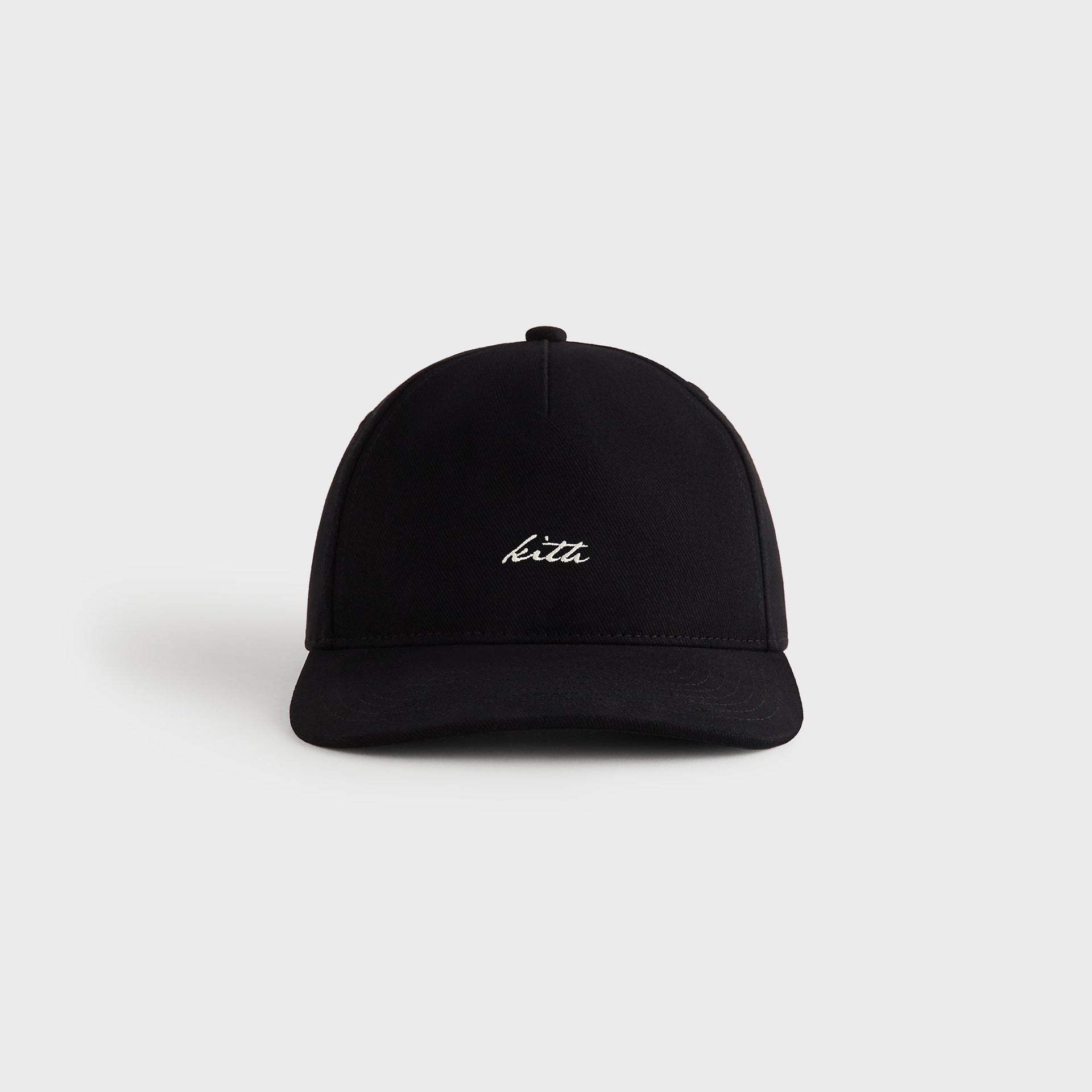 Kith Autograph Brushed Twill Bay Low Pinch Crown Cap in black, front view with white Kith script logo