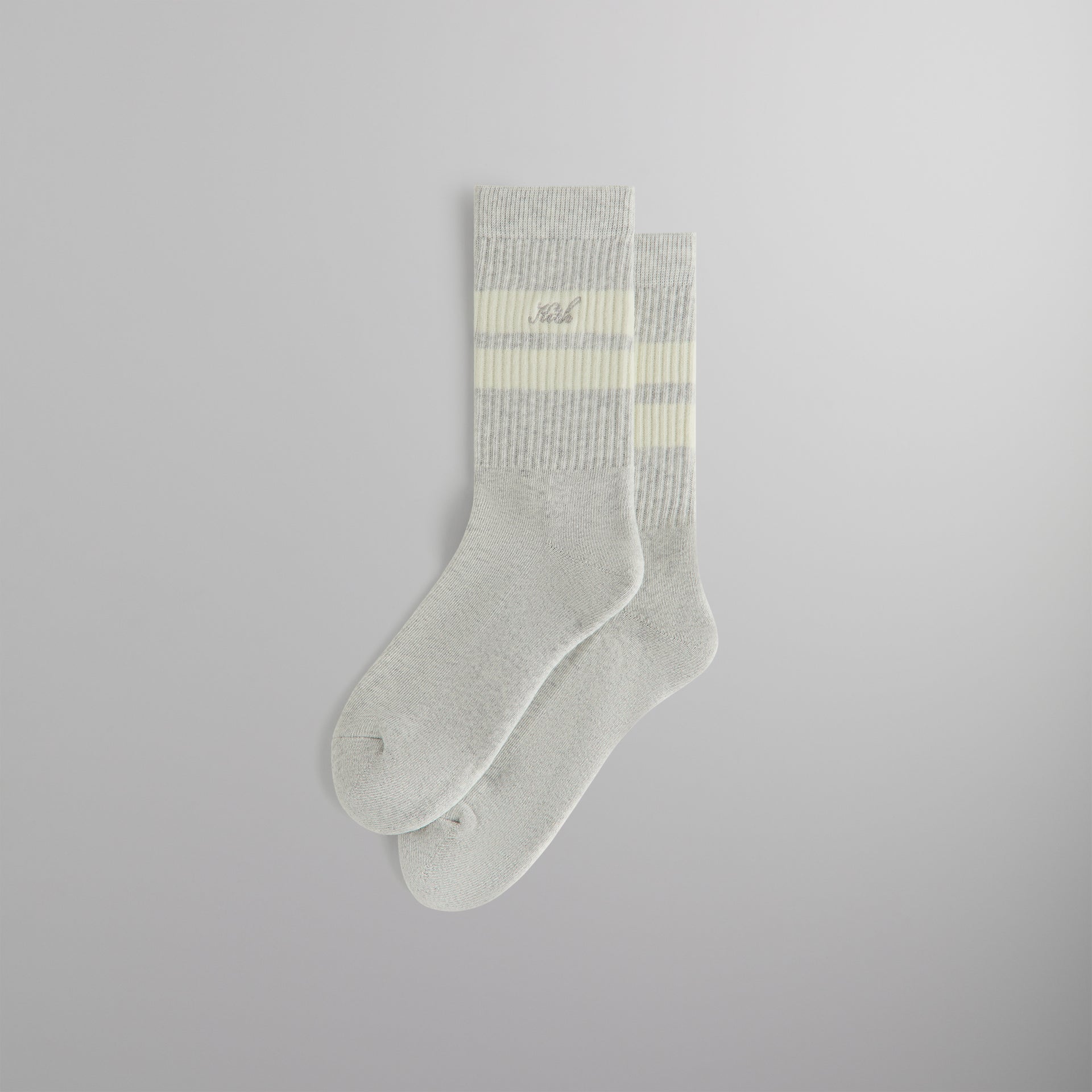 Kith Double Stripe Script Embroidered Cotton Crew Socks - Light Heather Grey