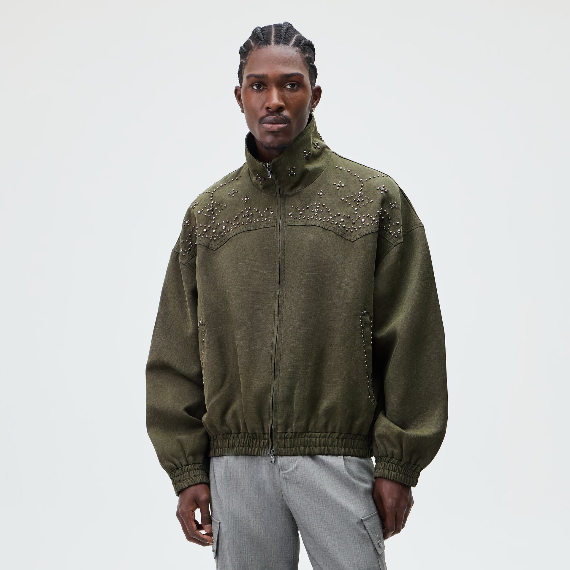 &Kin Studded Canvas Rhysand Jacket - Moss