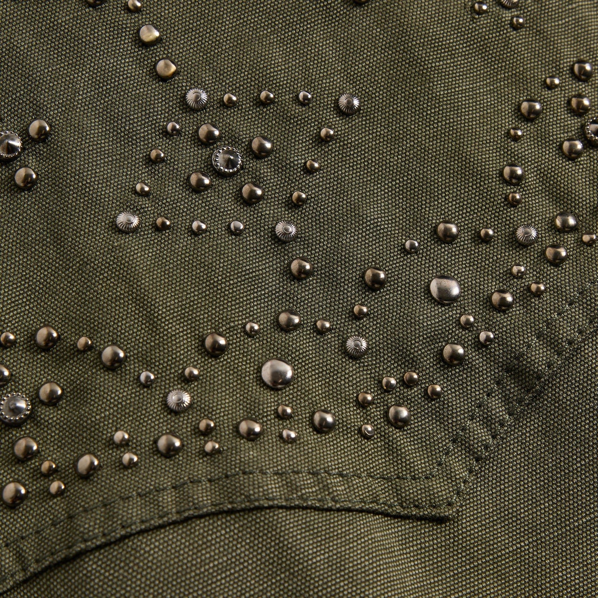 &Kin Rhysand Jacket detail: mixed dome and concho studs on olive canvas Western yoke
