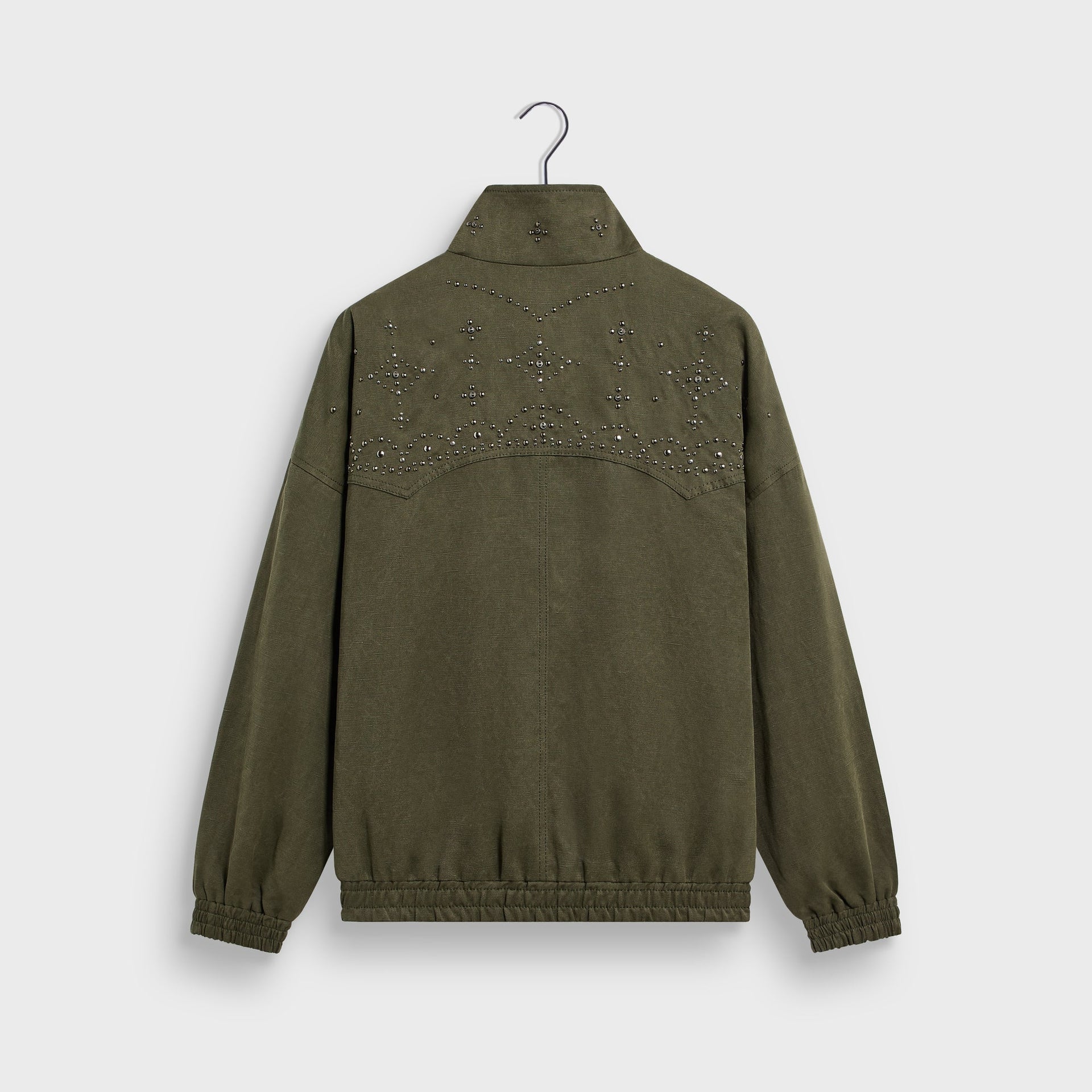 &Kin Rhysand Jacket in Moss olive, back view on hanger with studded Western yoke