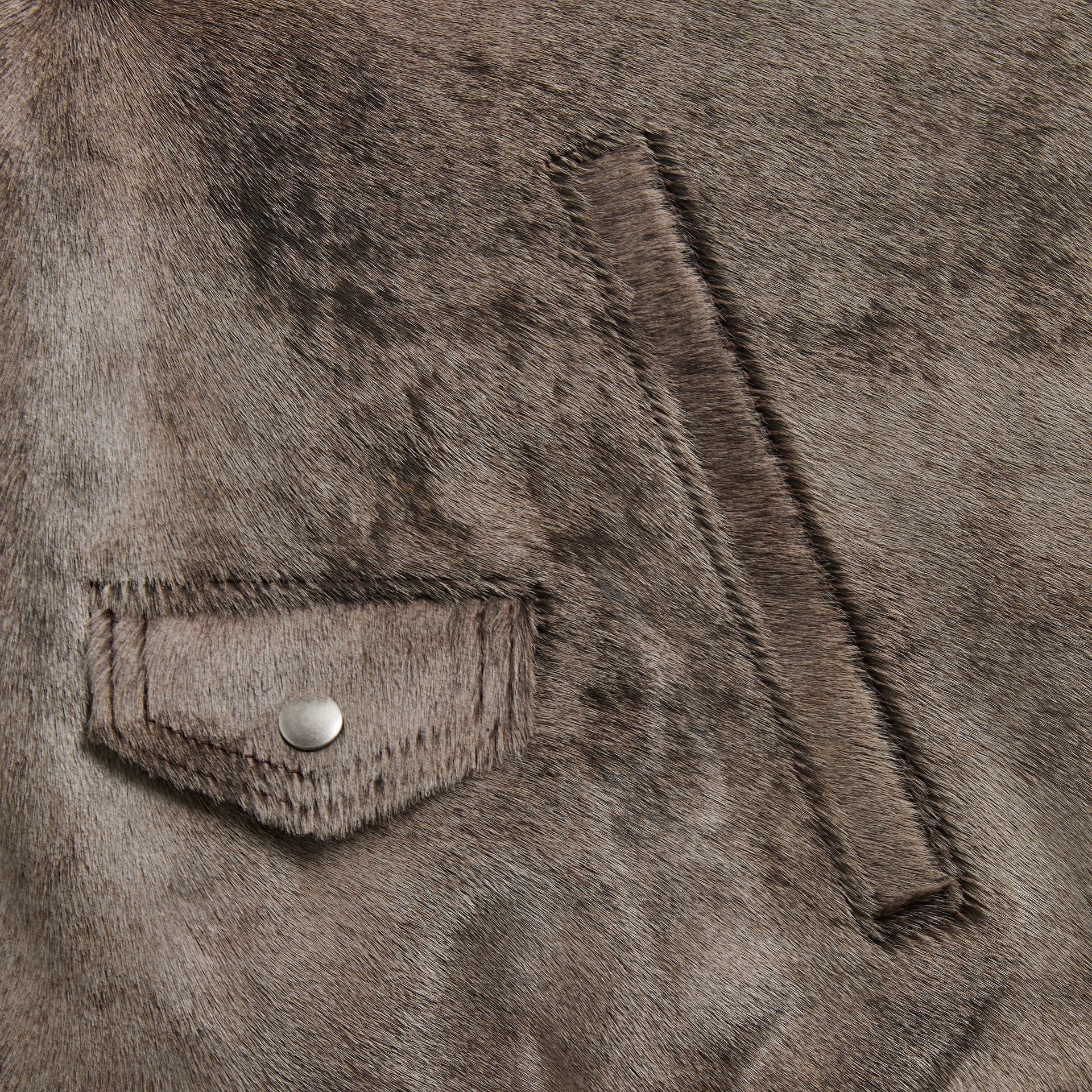 &Kin Cassius Moto Jacket detail: snap flap pocket and angled slit pocket on brown pony hair