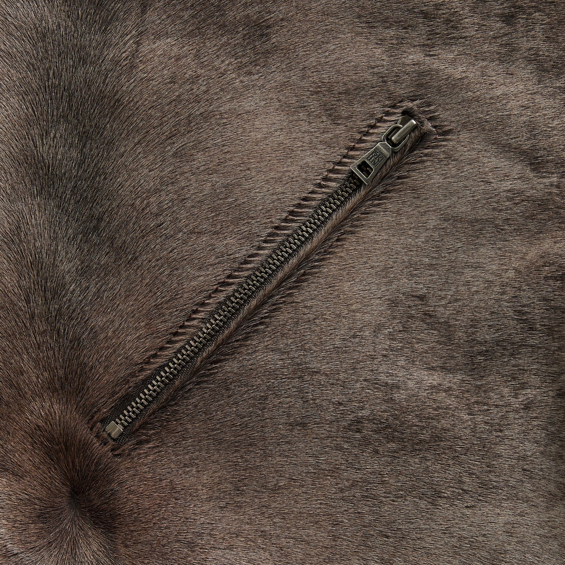 &Kin Cassius Moto Jacket detail: angled chest zip pocket with antique brass pull on brown pony hair