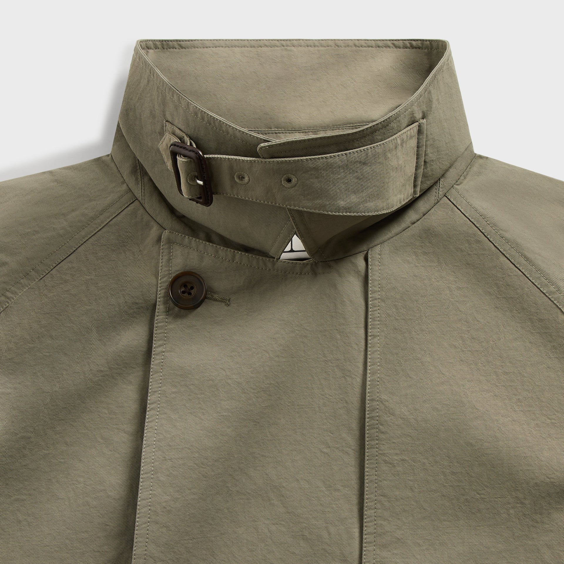 &Kin Nikolai Cropped Trench detail, buckled throat-latch strap on the stand collar, Scene sage