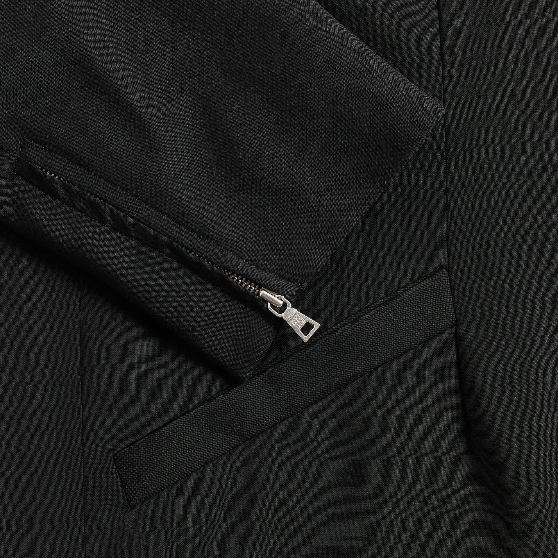 &Kin Denez Jacket detail: angled zip welt pocket with silver &Kin zip pull, black