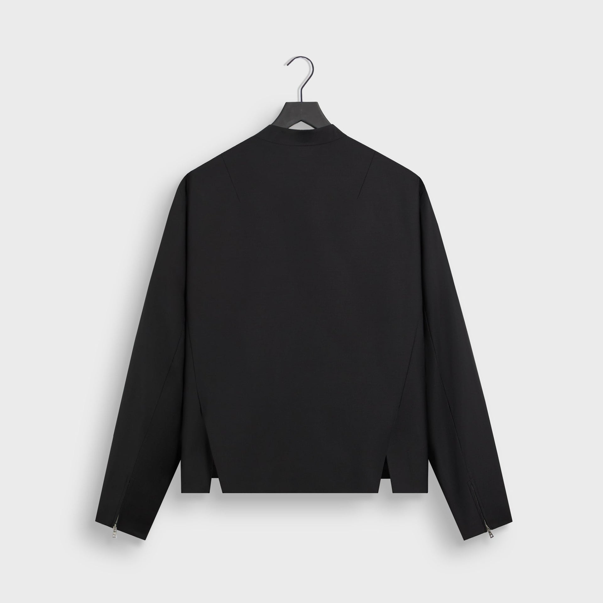 &Kin Tropical Wool Denez Jacket in black, back view on a hanger with zippered cuffs