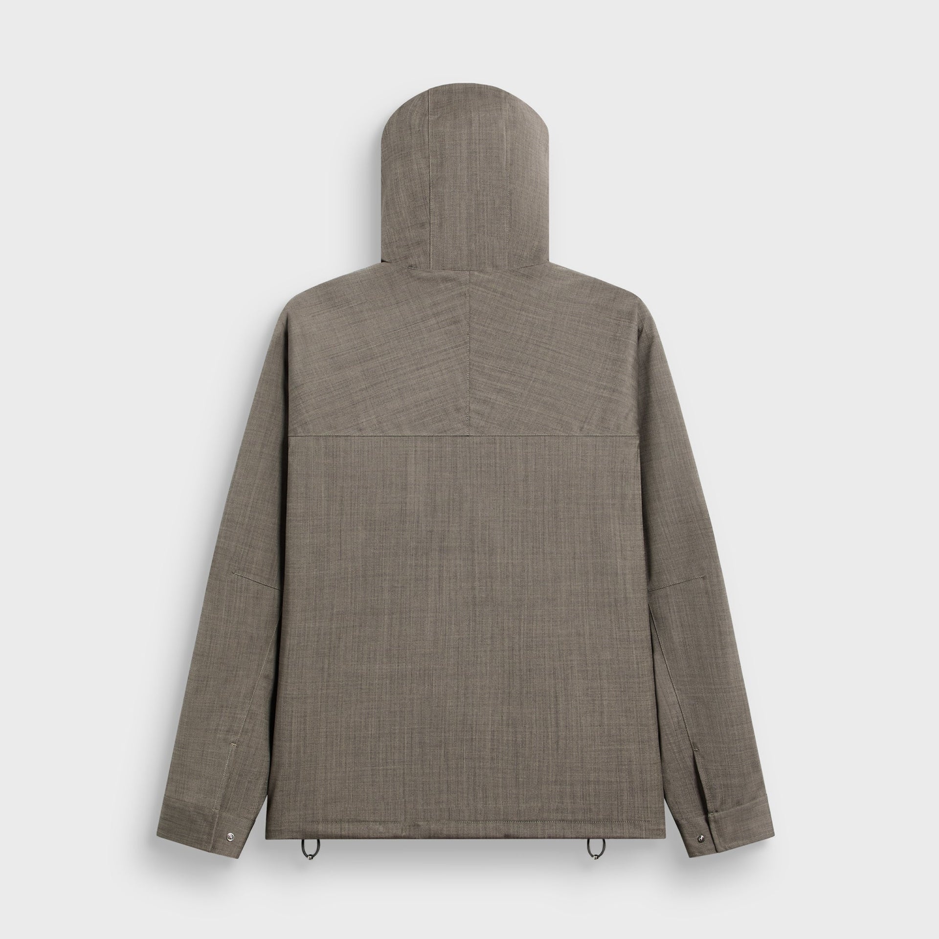 &Kin Tropical Wool Gael Parka in Permanent taupe, back view on hanger showing hood and seamed yoke