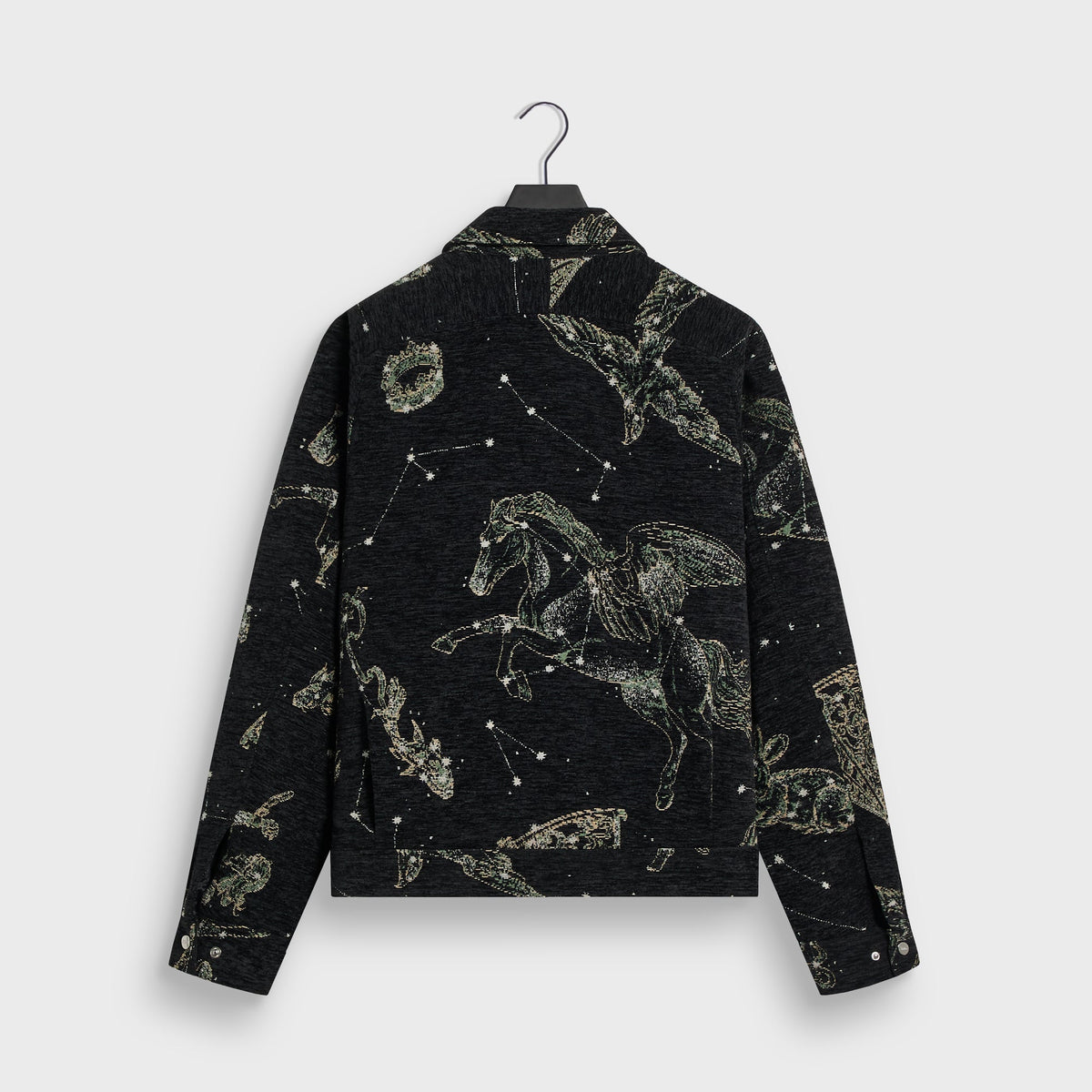 Back of the black Kith Chenille Tapestry Helios jacket with a large horse constellation motif