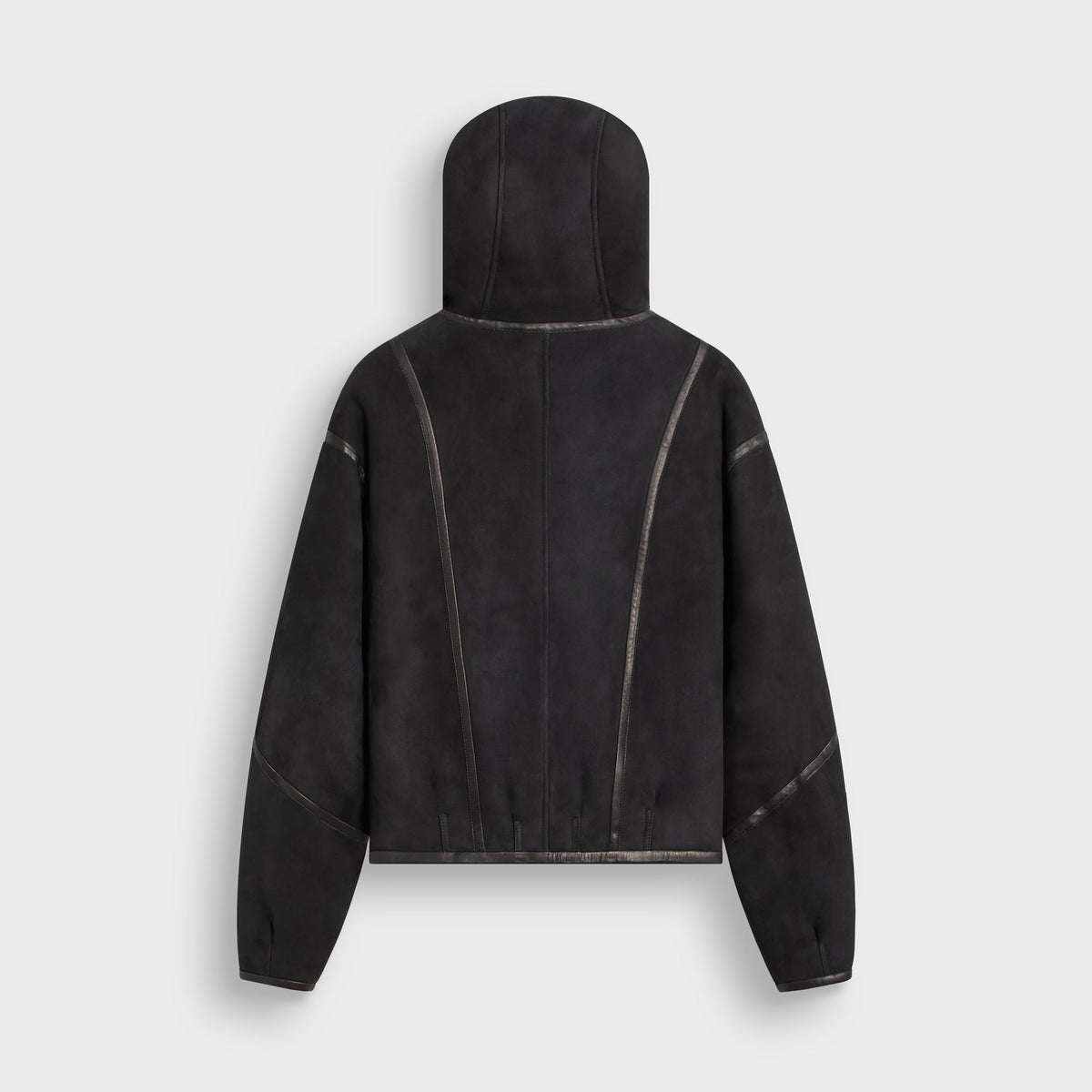 &Kin Shearling Rio Jacket in black, back view, hooded suede jacket