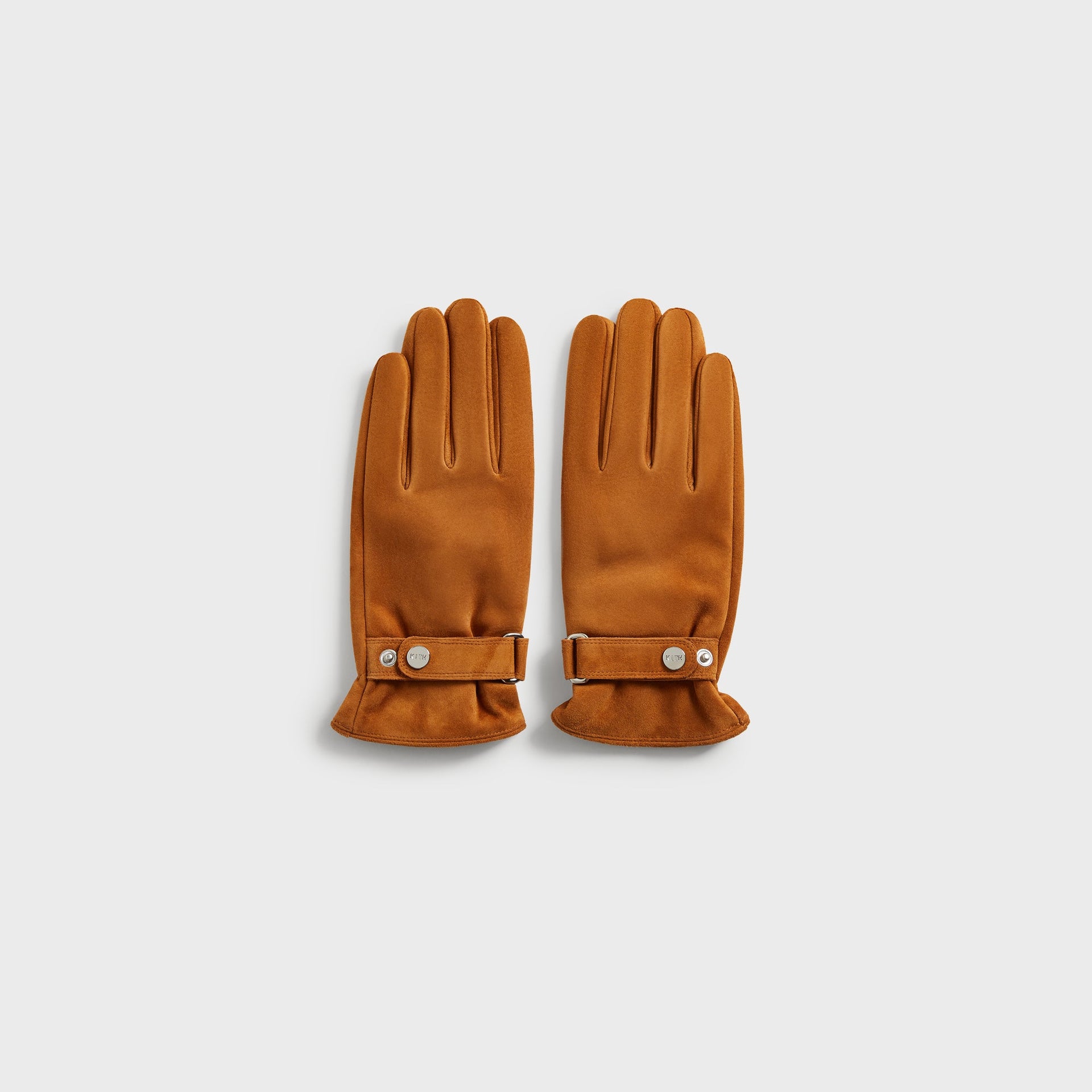Kith Suede Manhattan Gloves in Argil, back of hand view showing pair with snap wrist strap closure