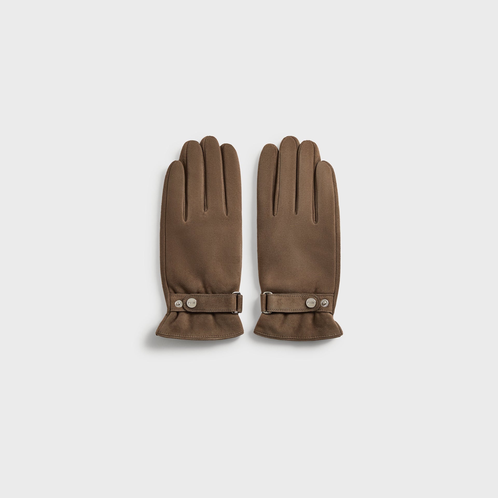 Kith Suede Manhattan Gloves in Java, brown suede pair shown back-of-hand, flat lay with snap wrist strap