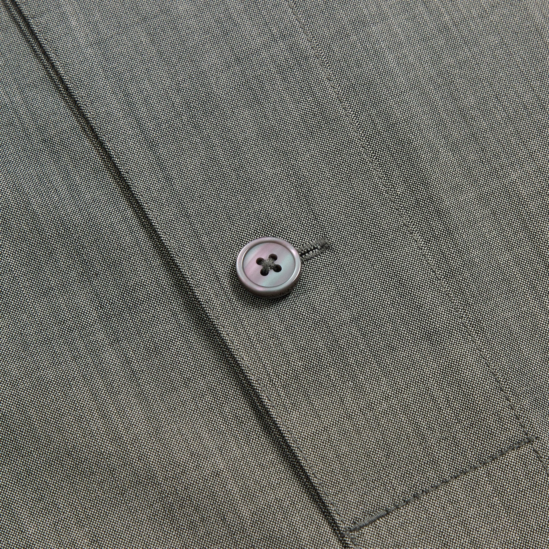 &Kin Tropical Wool Leven Shirt button detail, grey mother-of-pearl button on grey melange wool