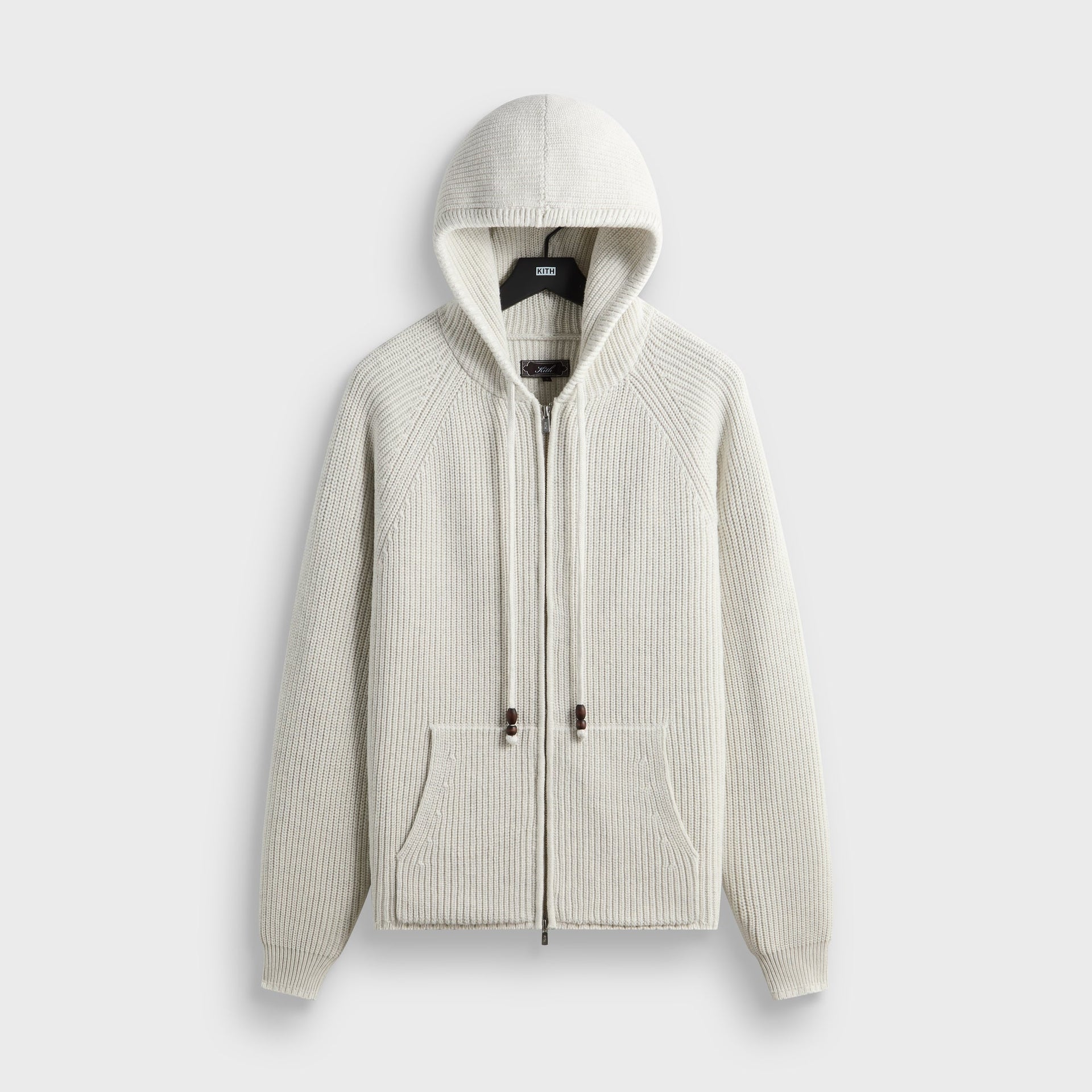Kith Full Zip Knit Miles hoodie in light heather grey ribbed knit, front flat lay