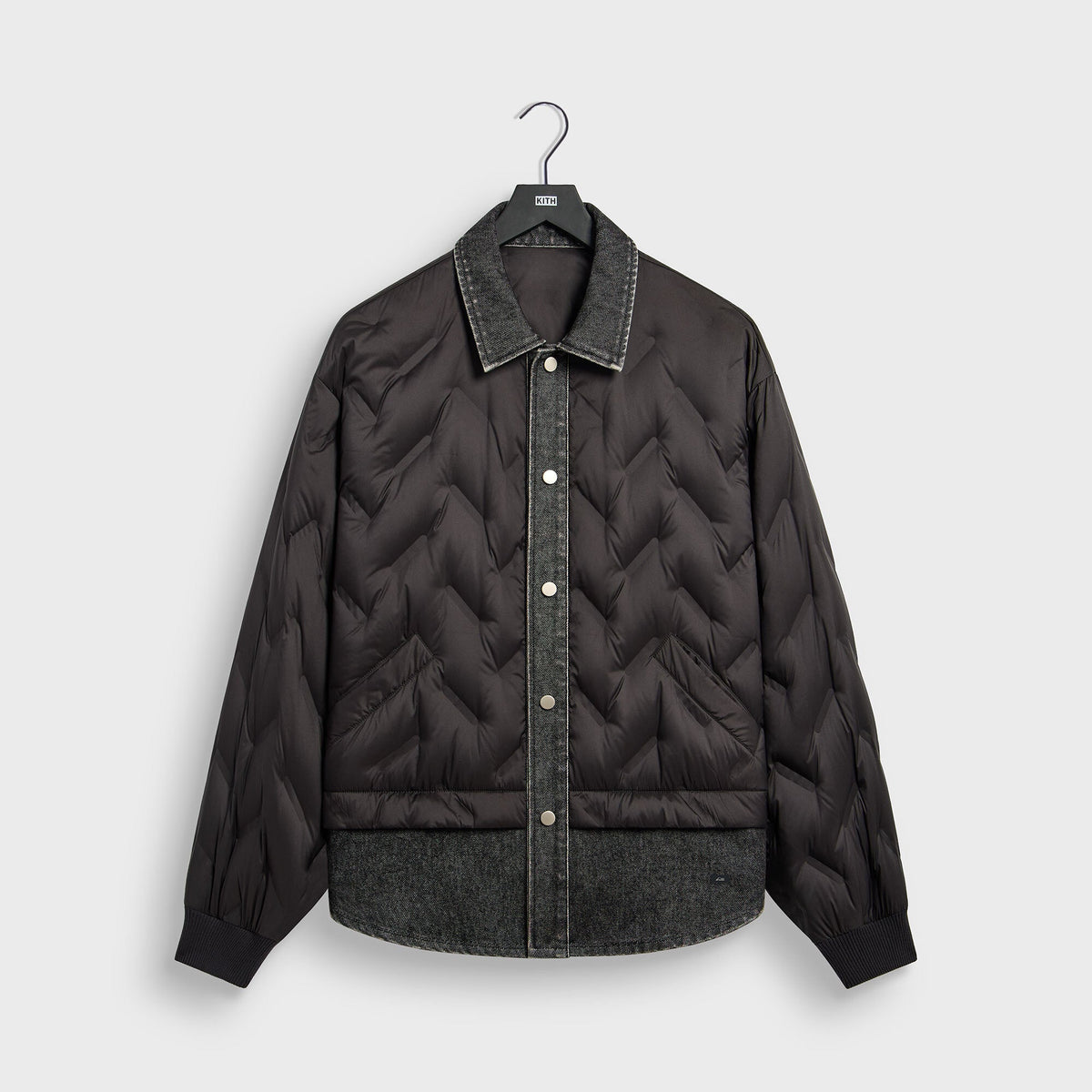 Kith Quilted Denim Gertie Shirt in black, front view, chevron-quilted shirt jacket with denim collar and hem