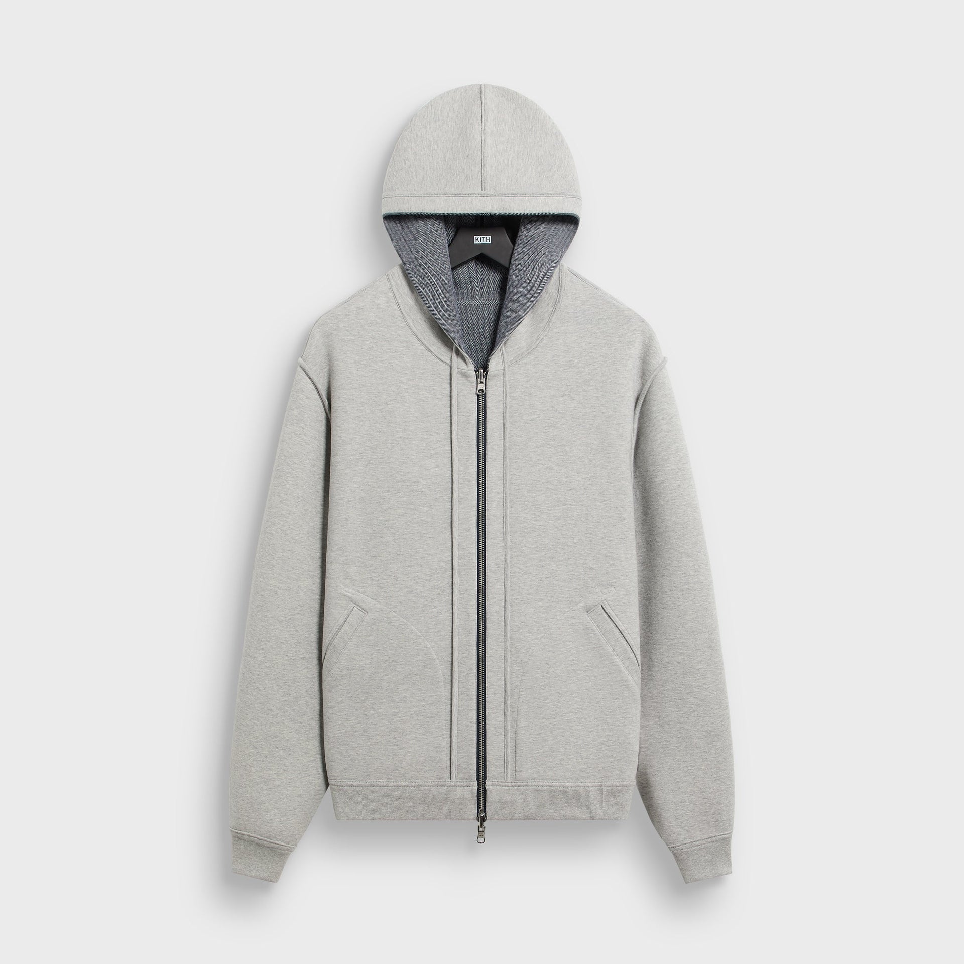 &Kin Williams V reversible hoodie flipped to grey fleece side, front view with hood and full zip