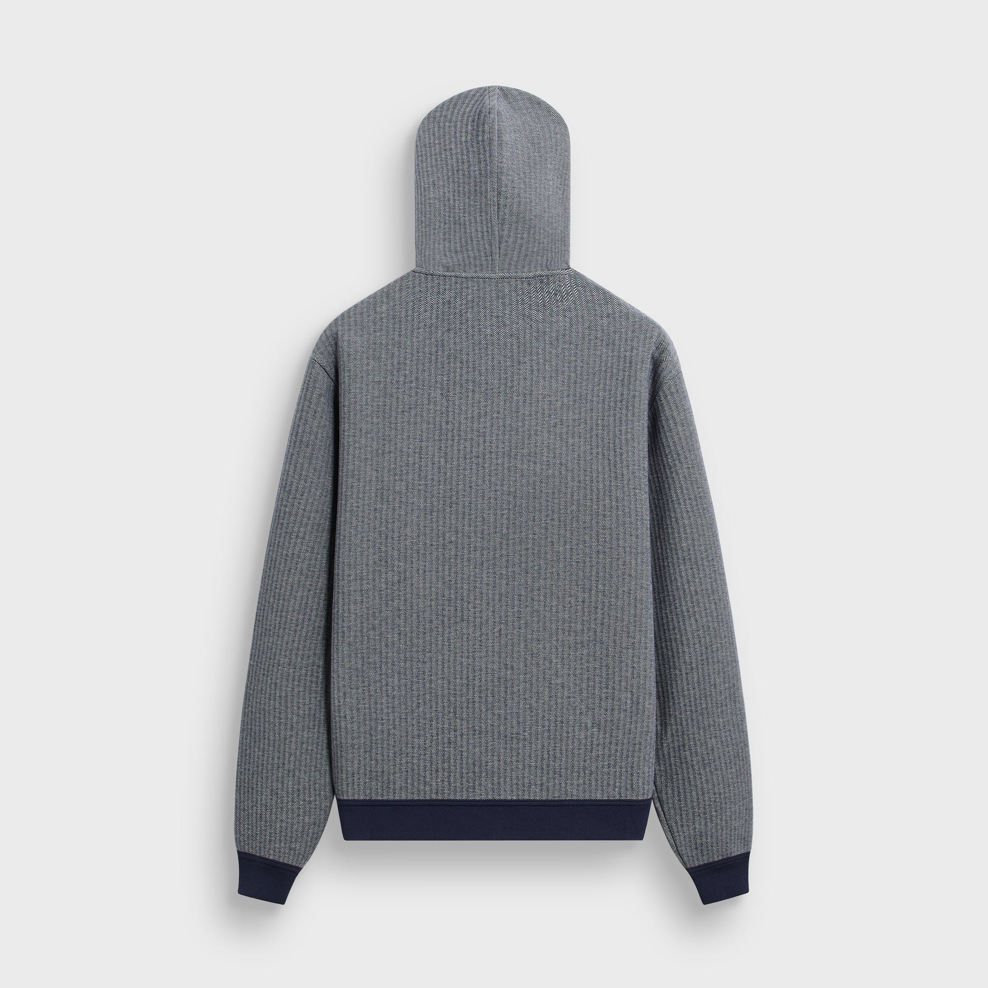 &Kin Williams V reversible hoodie, navy herringbone side, back view with hood up