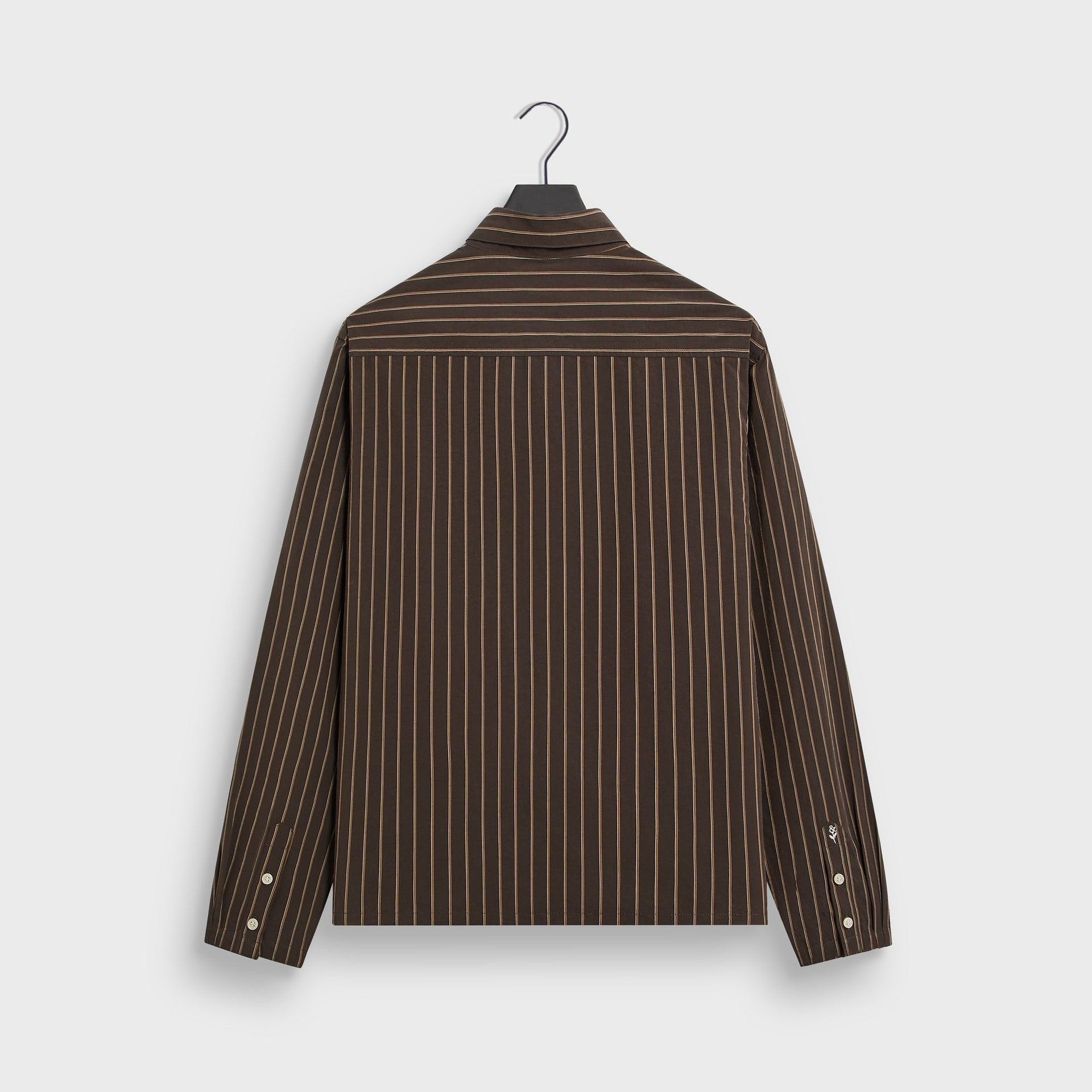 &Kin Nico striped poplin shirt, back view with yoke and embroidered rose logo on cuff