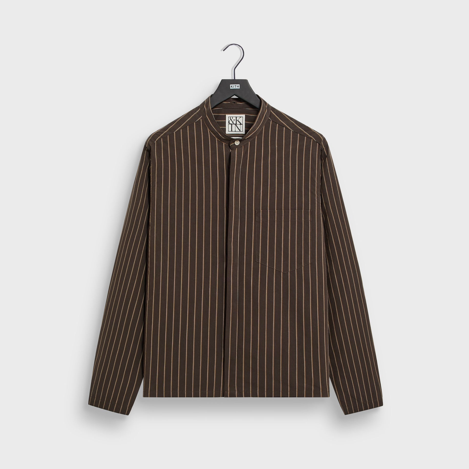 &Kin Nico brown pinstripe shirt, front view with collar standing and hidden button placket