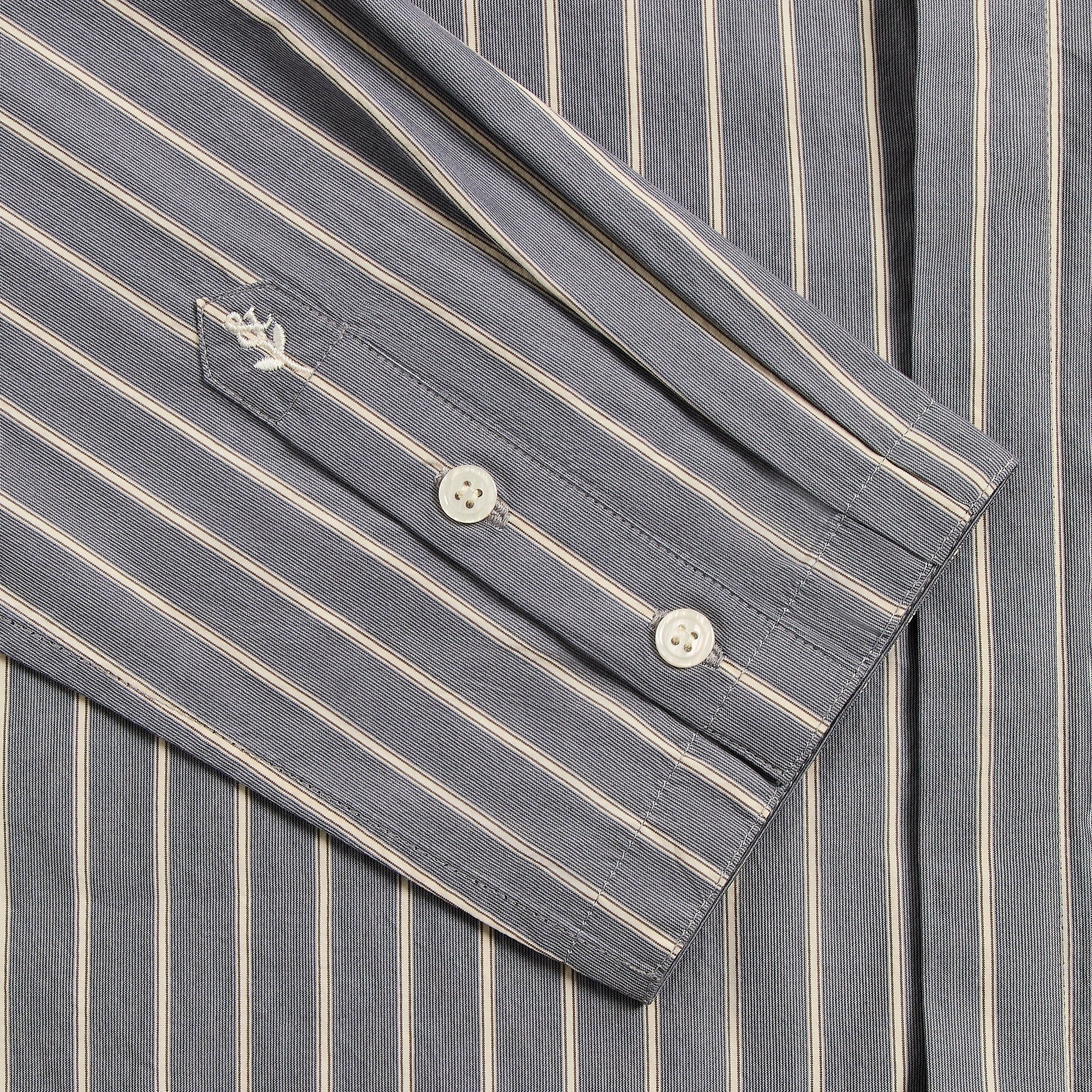 &Kin Nico Shirt detail: buttoned cuff and sleeve placket with embroidered logo on grey pinstripe fabric