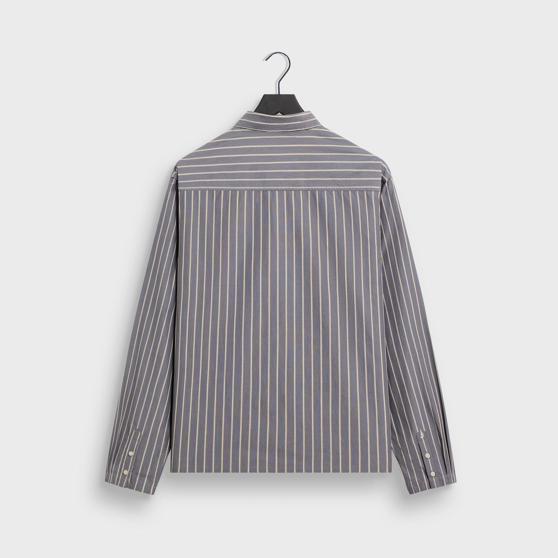 &Kin Nico Shirt in Chasm grey pinstripe, back view on hanger showing yoke and buttoned barrel cuffs