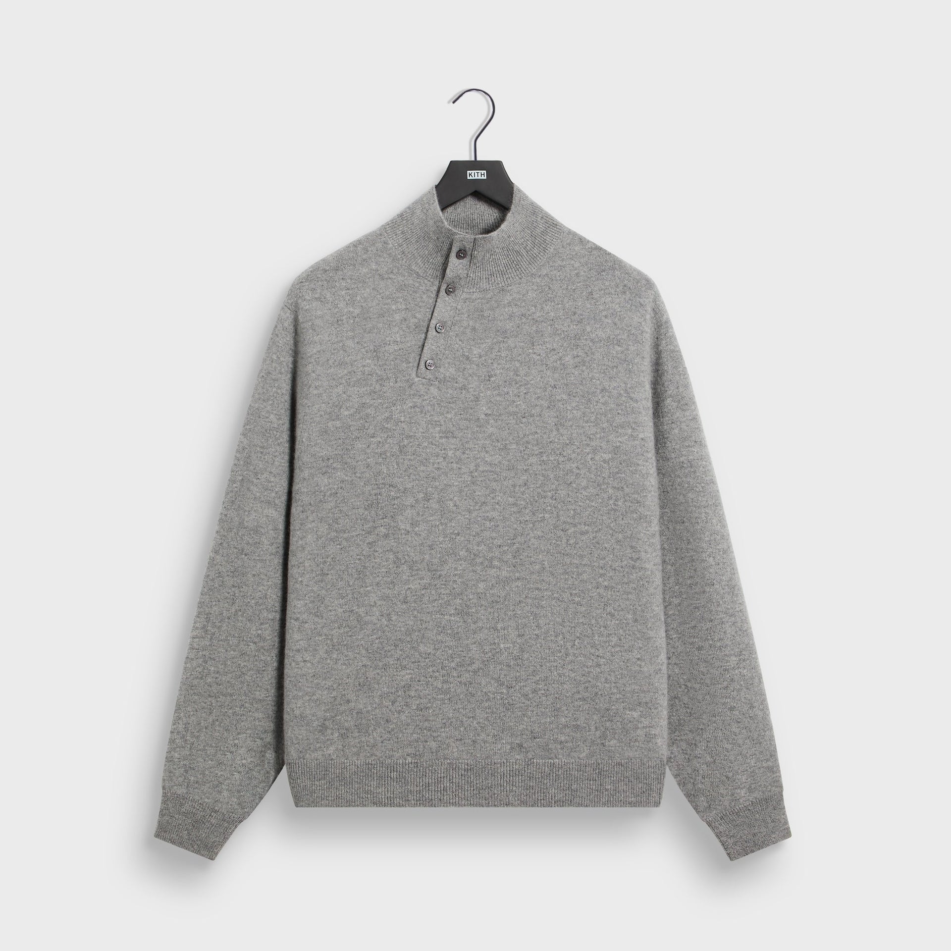 &Kin Cyrus cashmere sweater in mid heather grey, front view, mock neck with four-button placket