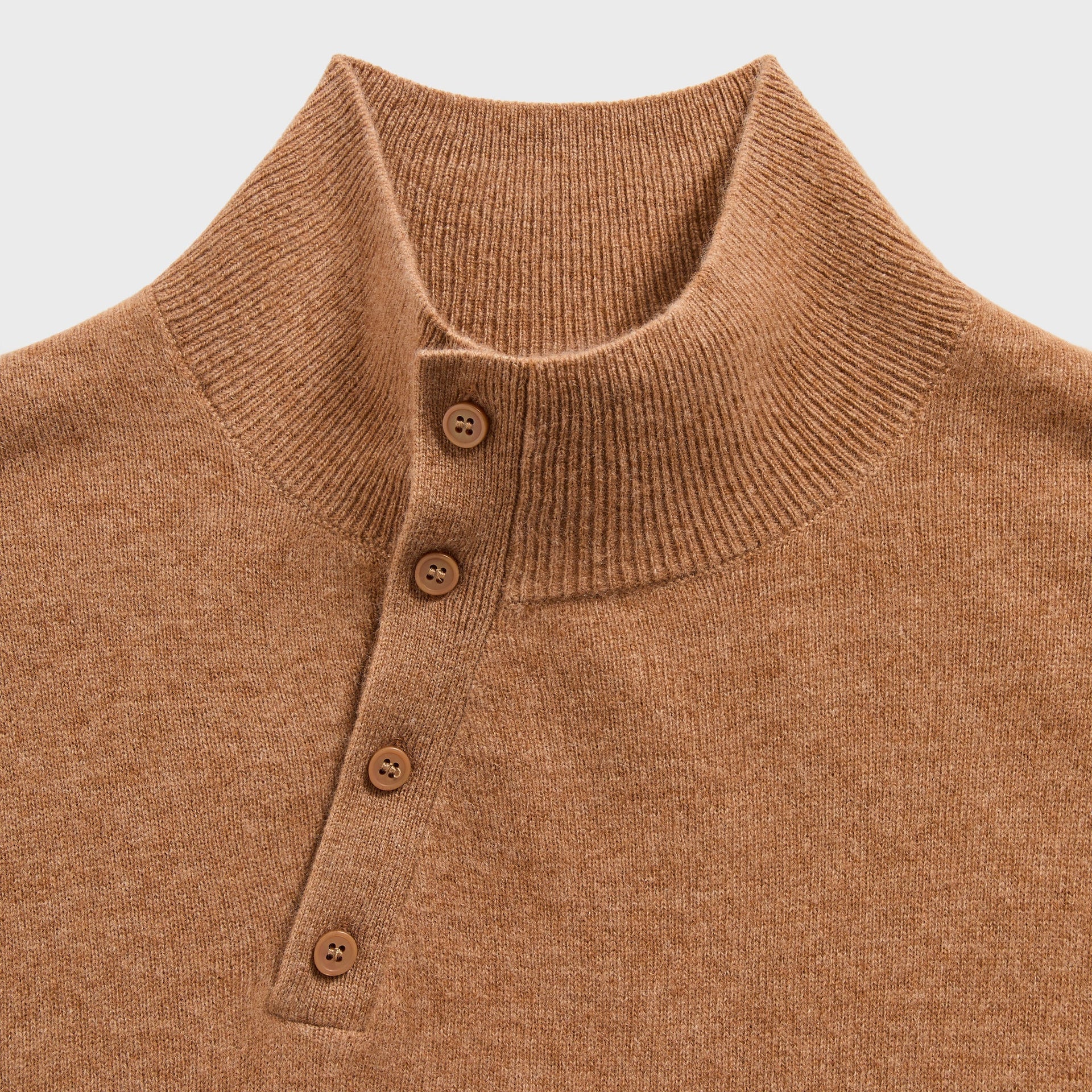 &Kin Cyrus Turtleneck detail: ribbed mock neck with four-button placket in Sand Dune tan cashmere