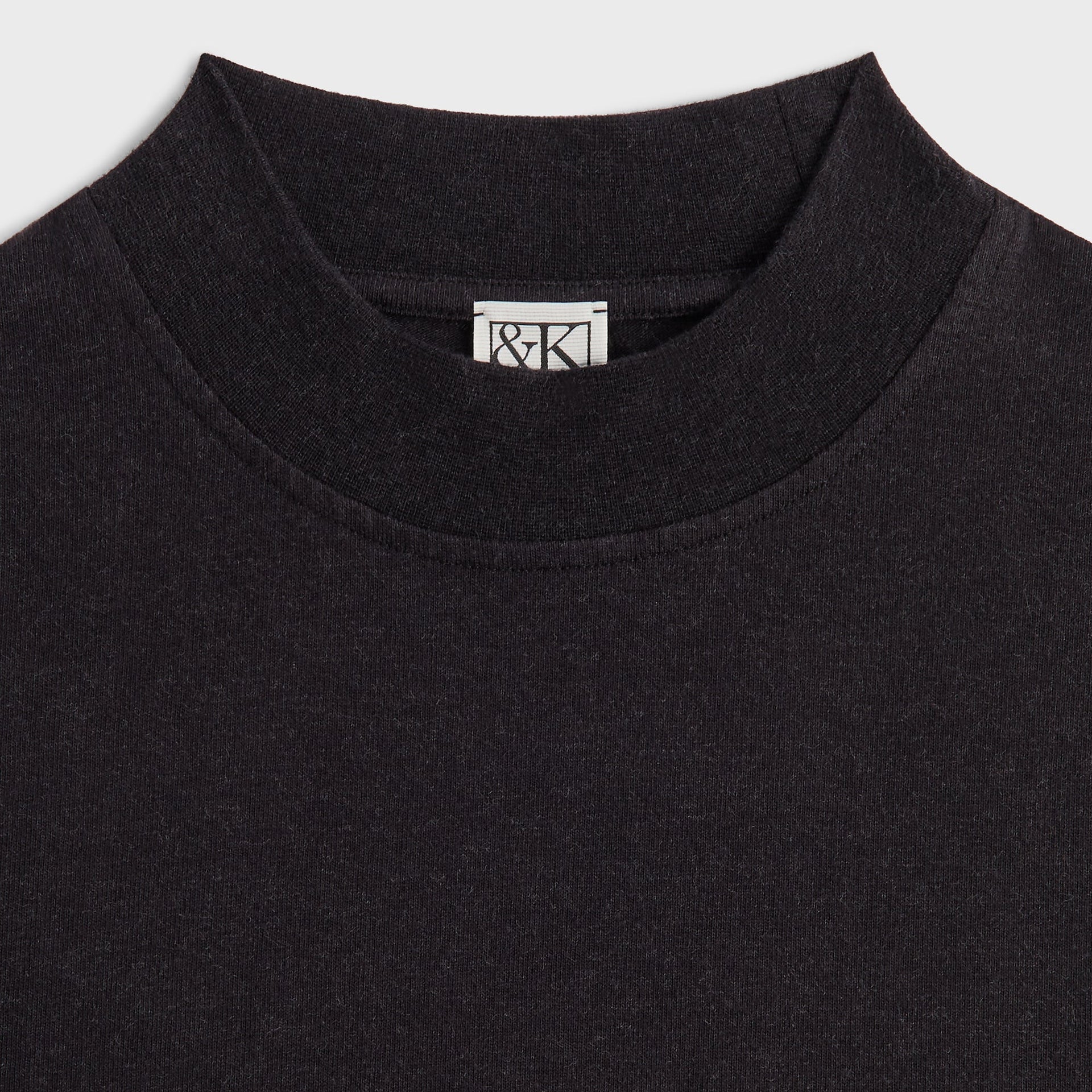 &Kin James black tee neck detail, ribbed mock neck with &Kin woven label