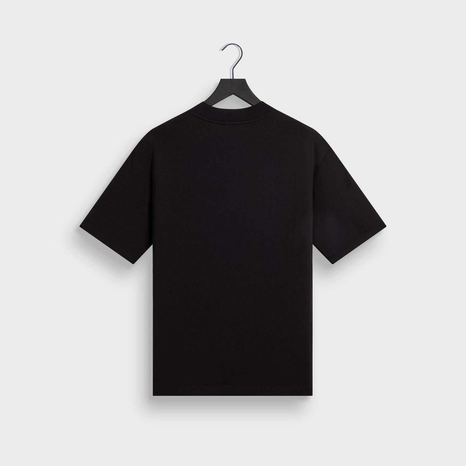 &Kin Albie Henley Tee in black, back view on a hanger