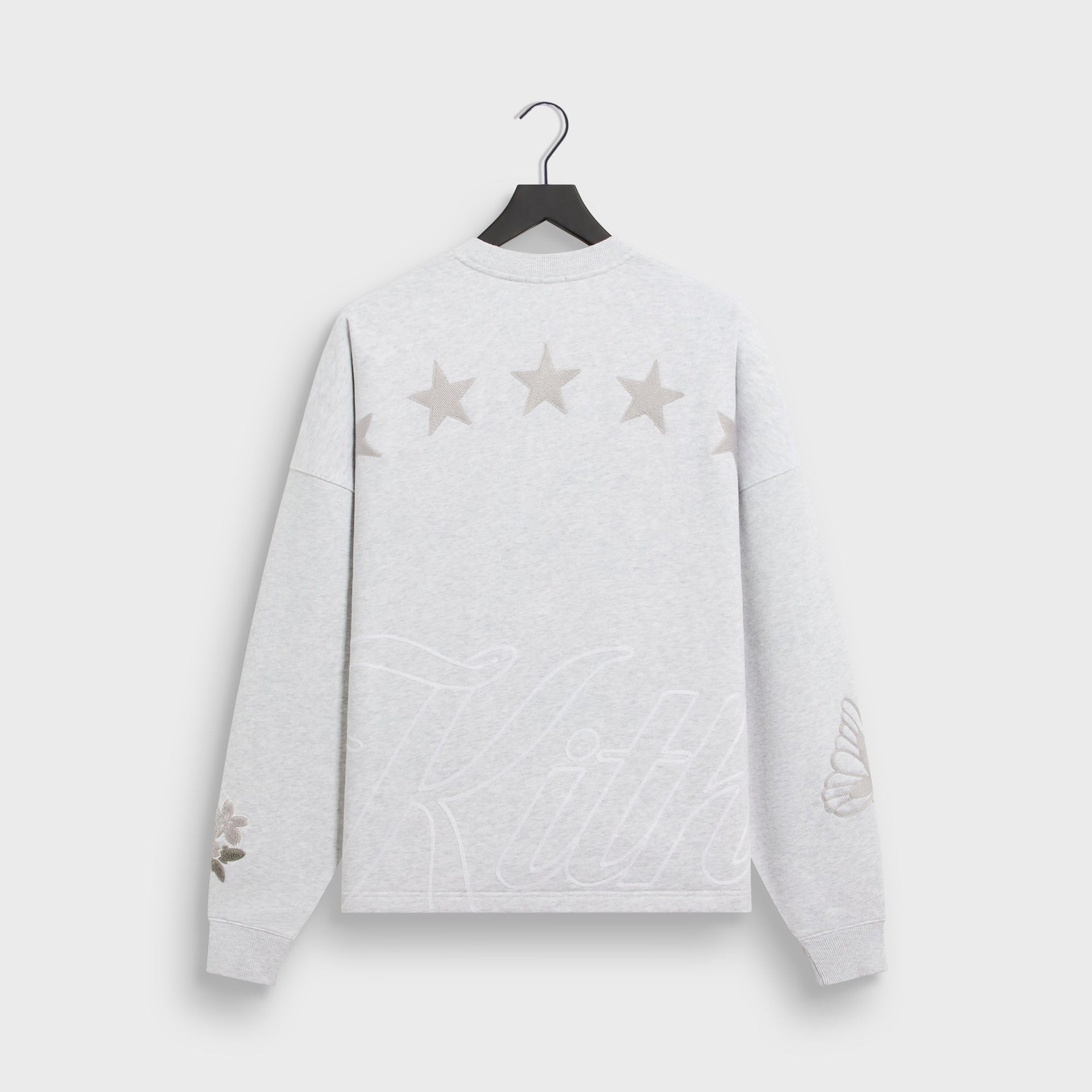 Kith Varsity Lawson crewneck in light heather grey, back flat lay with tonal star graphics