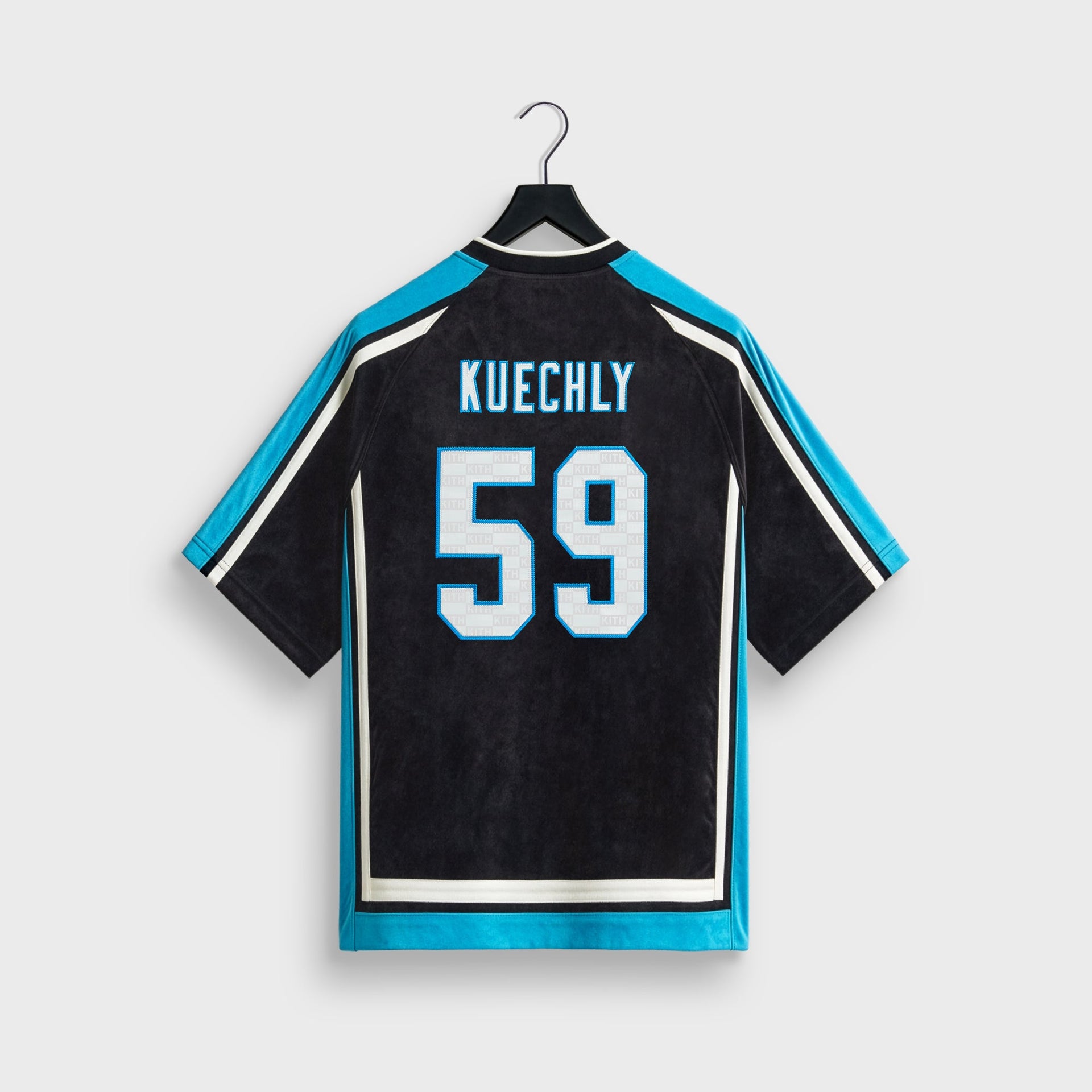Kith and the NFL for the Carolina Panthers Leon shirt, back flat lay showing Kuechly 59 nameplate