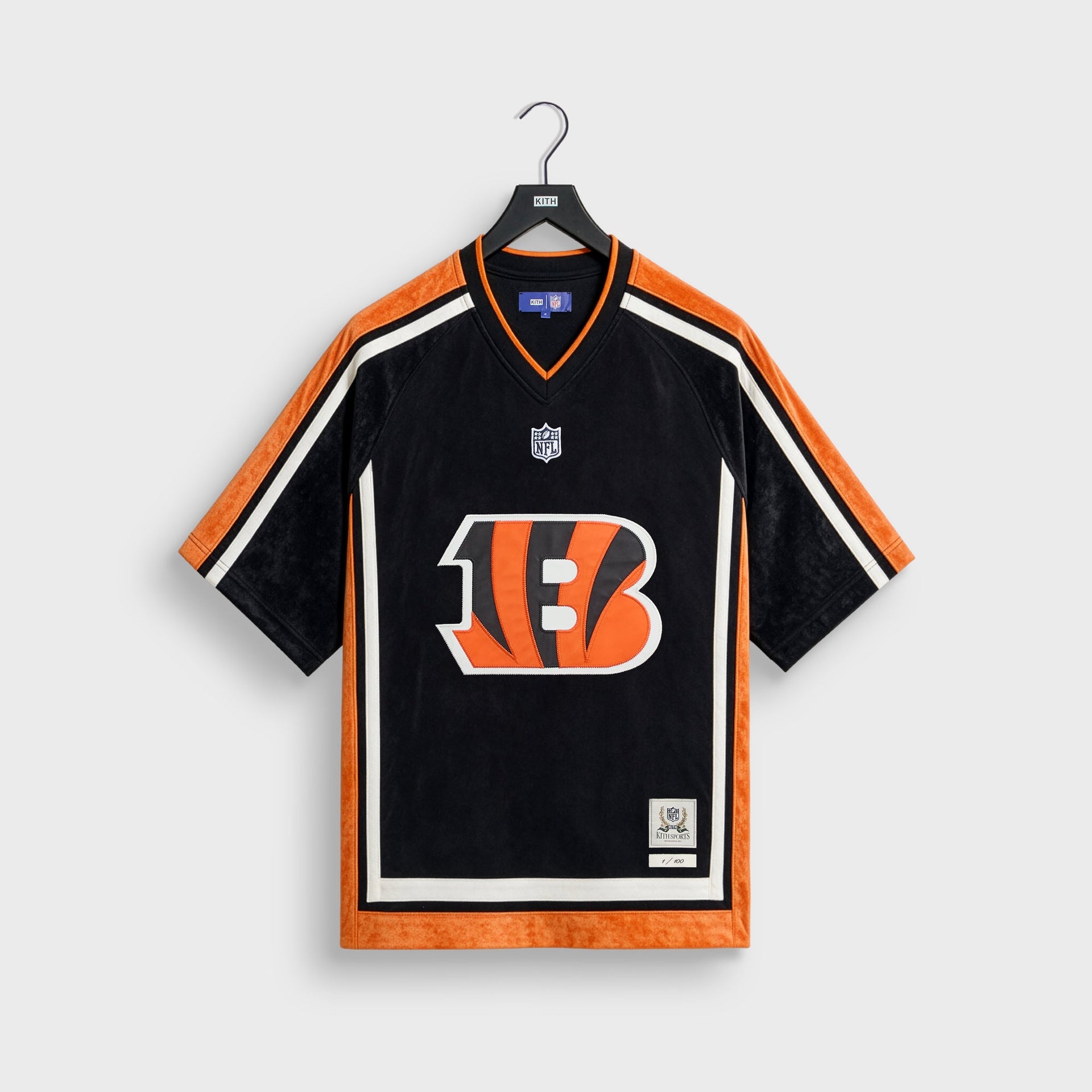 Kith and the NFL for the Cincinnati Bengals Leon shirt in black with orange trim, front flat lay