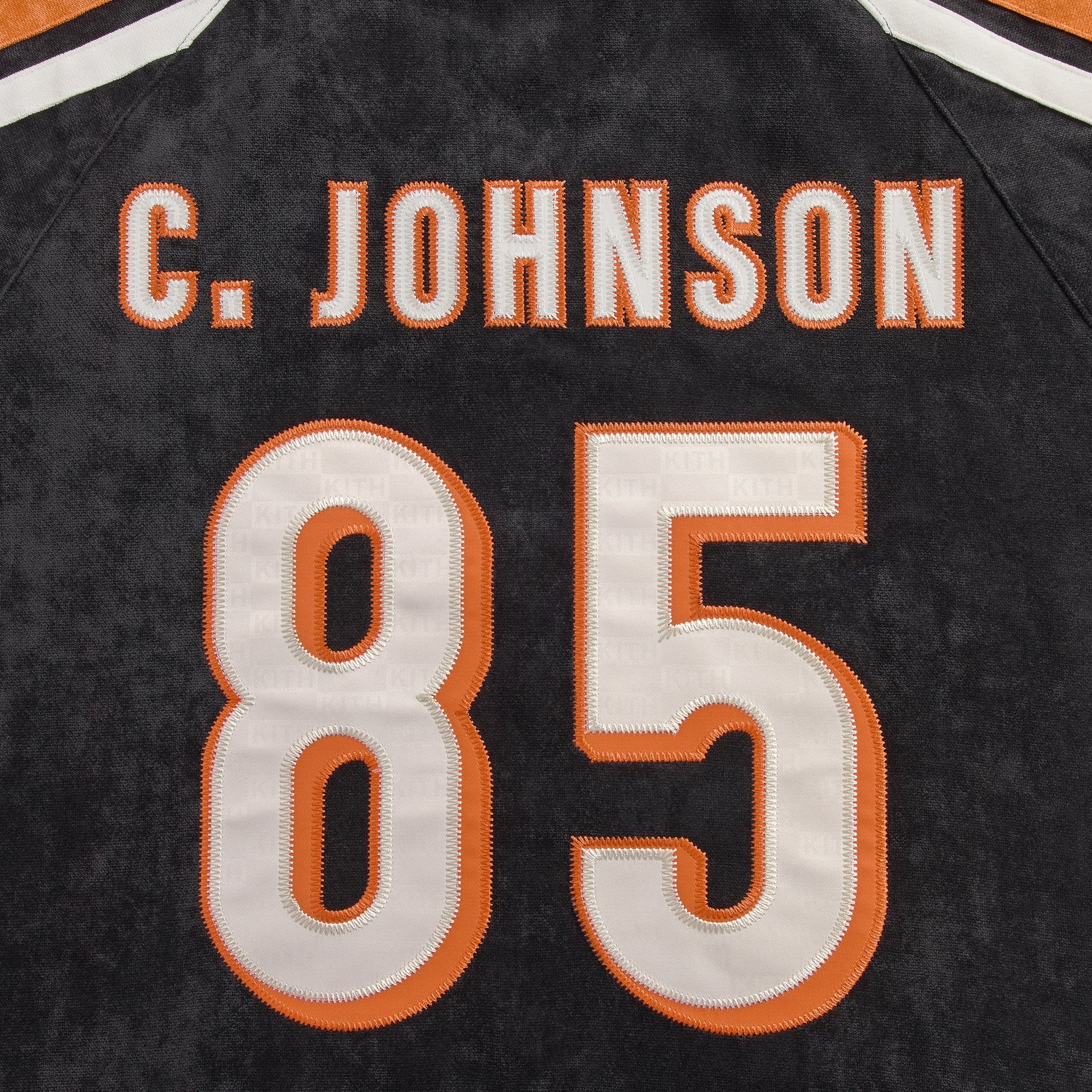 Close-up of the C. Johnson 85 name and number on the back of the Kith NFL Bengals Leon shirt