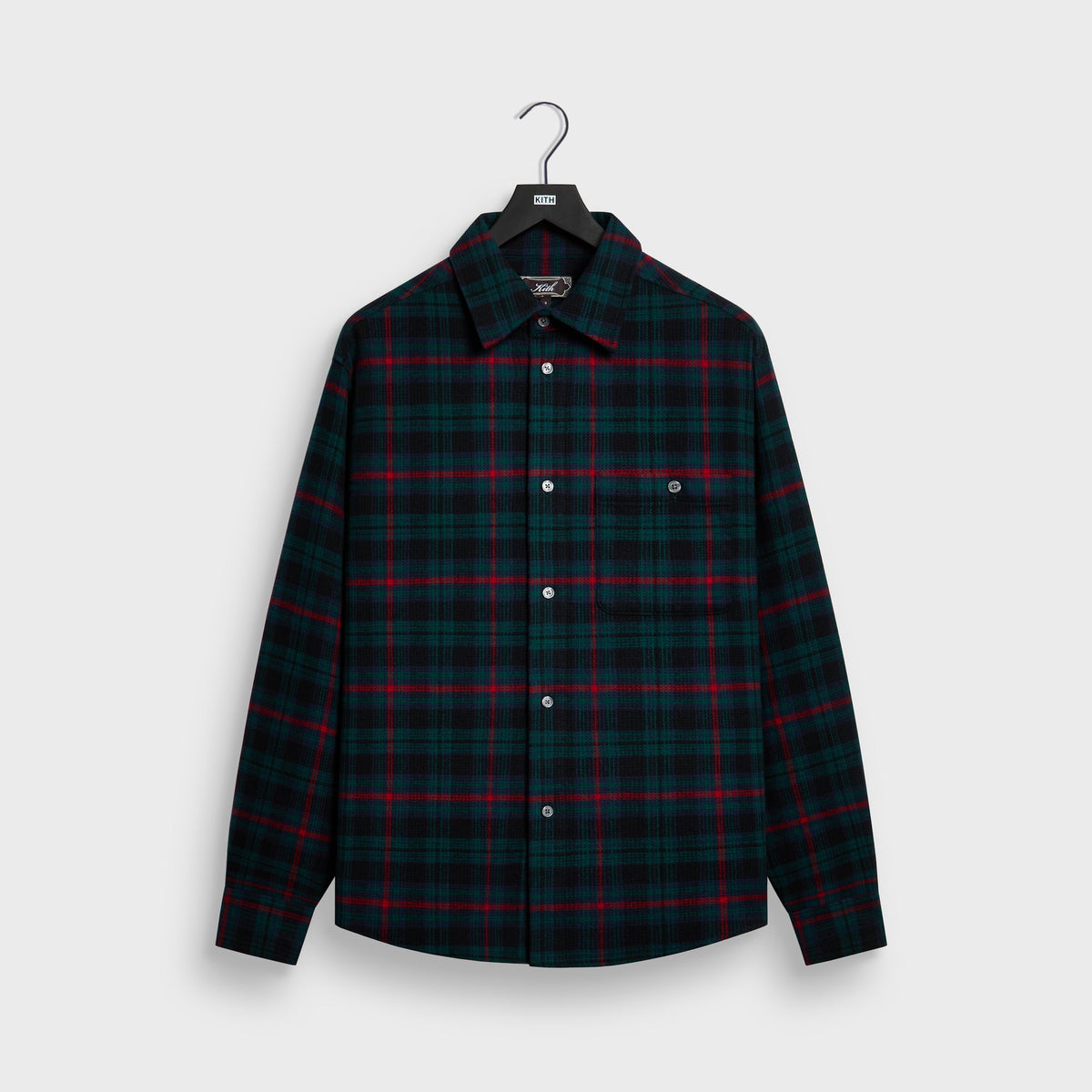 Kith Waffle Plaid Tomas Buttondown Shirt in black, front flat view in green, navy and red plaid with chest pocket