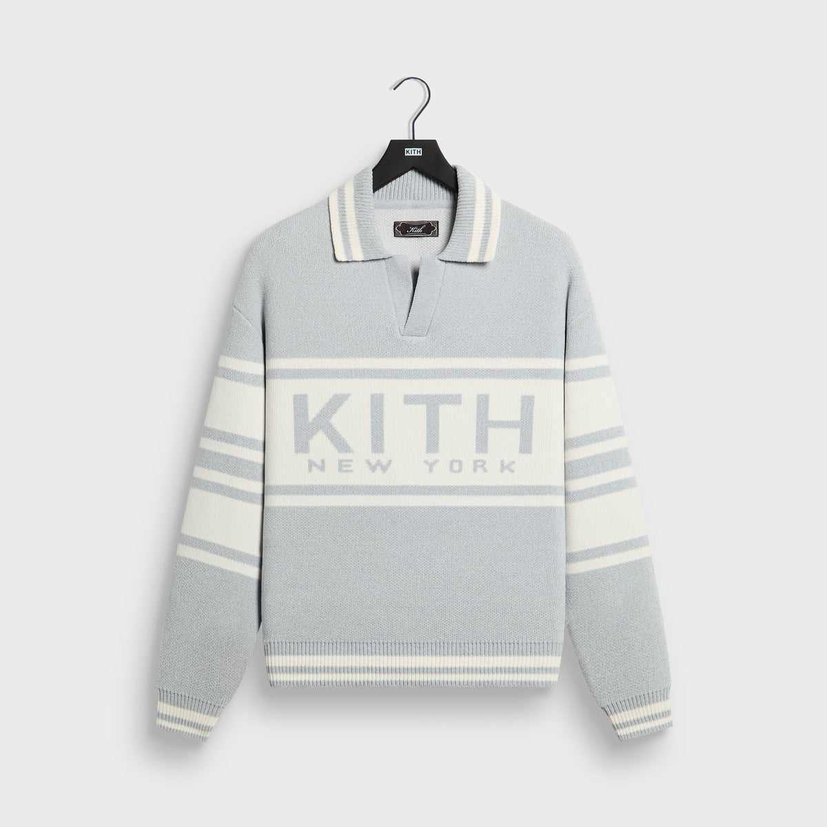 Kith Nelson Rugby Sweater in light heather grey, front view, knit polo with KITH New York intarsia and cream stripes