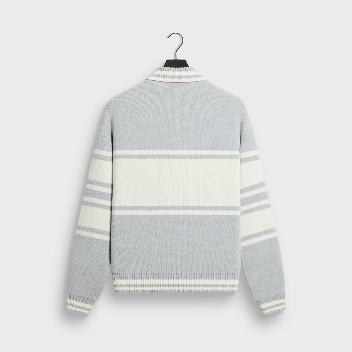 Kith Nelson Rugby Sweater in light heather grey, back view, with cream sleeve stripes