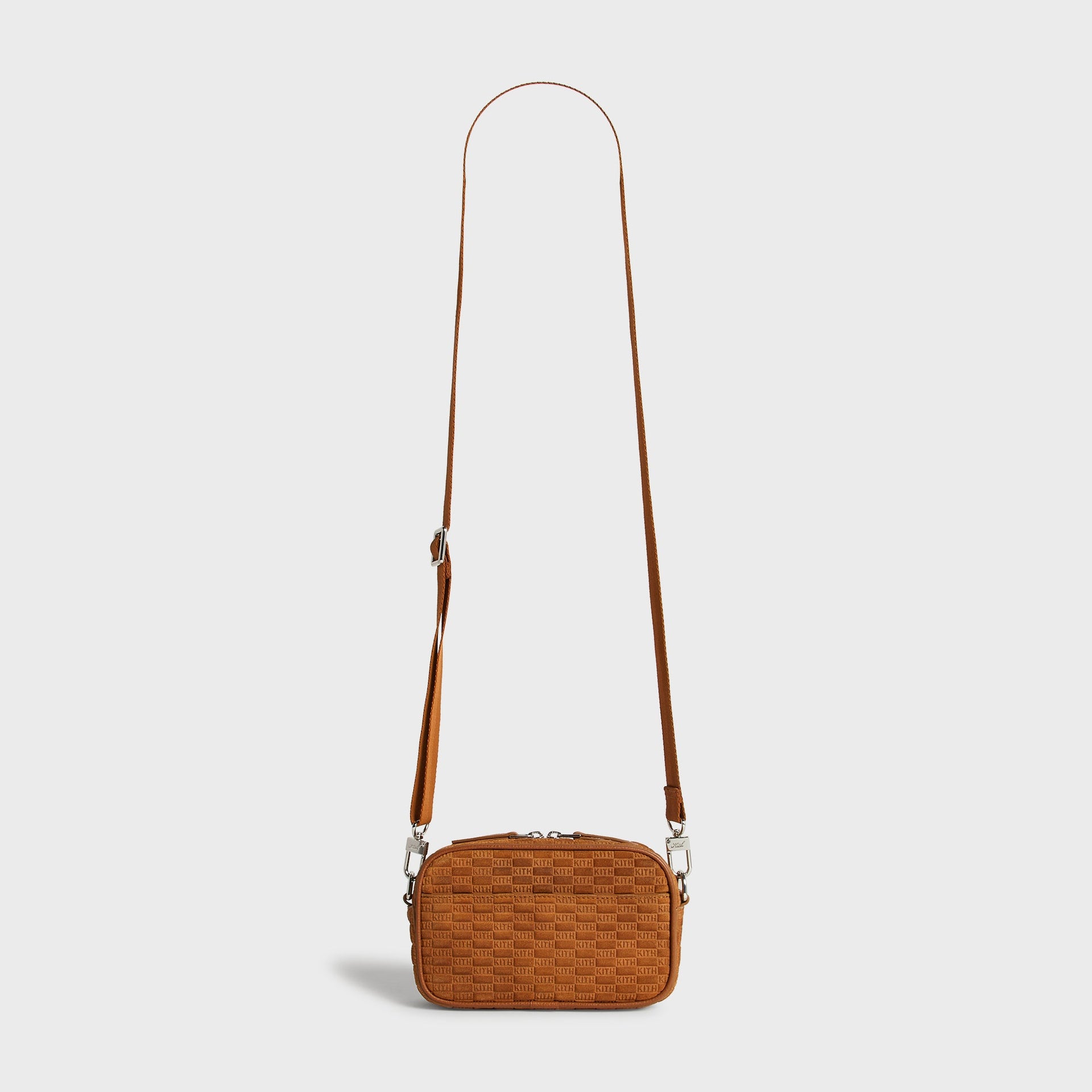 Kith Monogram Suede Crosswalk K20 Bag in Argil, full view with long adjustable crossbody strap extended