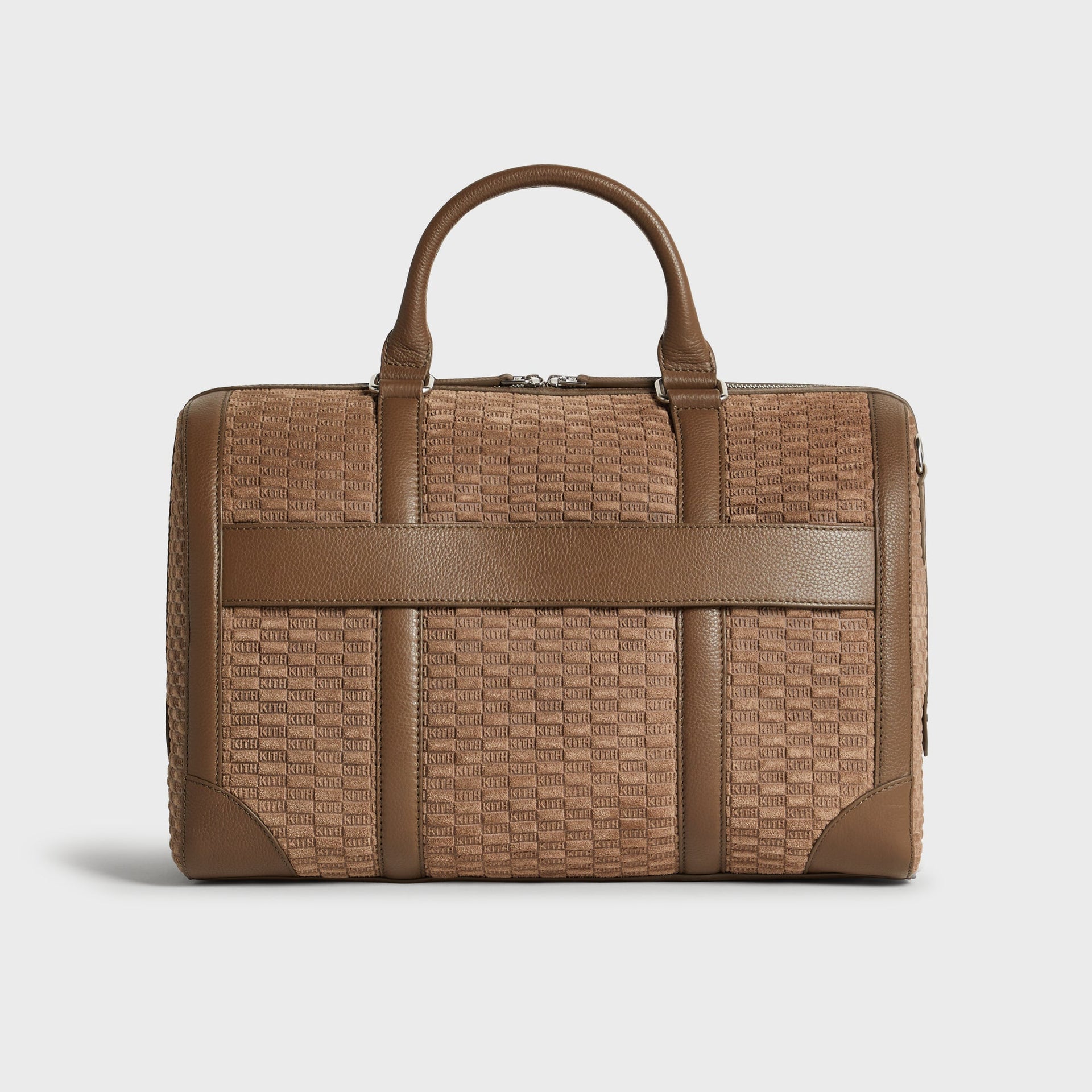 Kith Monogram Suede Traveler K40 Duffle Bag in Java, back view showing leather cross strap panel