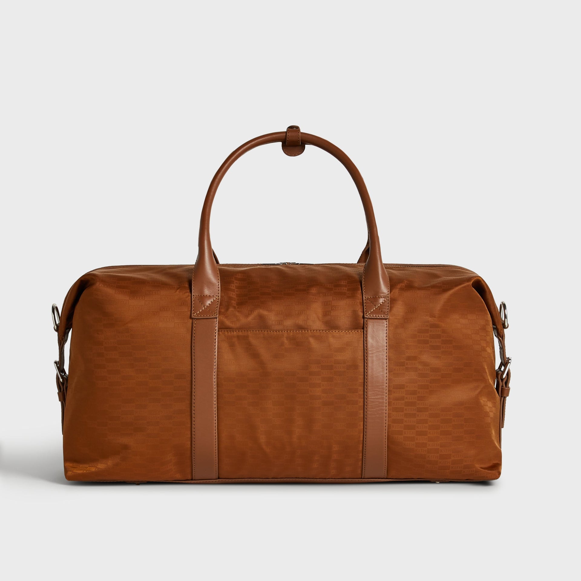 Kith Monogram Nylon Leather Duffle Bag in Tectonic, back view showing full panel and vertical leather straps