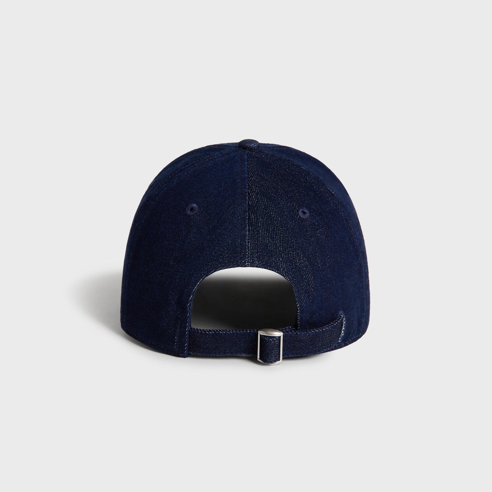 Kith Raw Denim Classic Cap in Savin Wash, back view showing adjustable strap with metal slide buckle