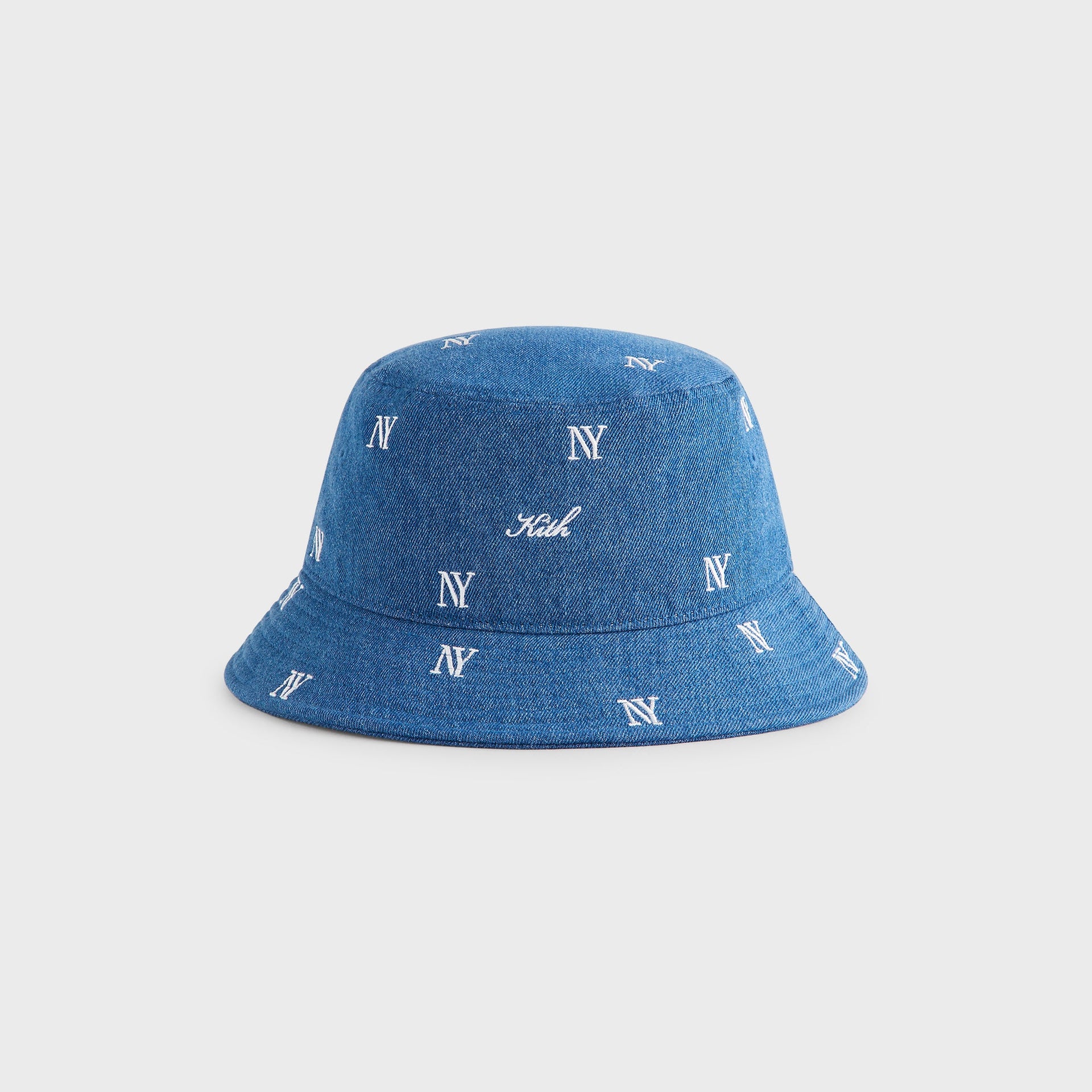 Kith NY All-Over Embroidery Dawson Bucket Hat in Medium Indigo, front view of denim hat with allover NY embroidery
