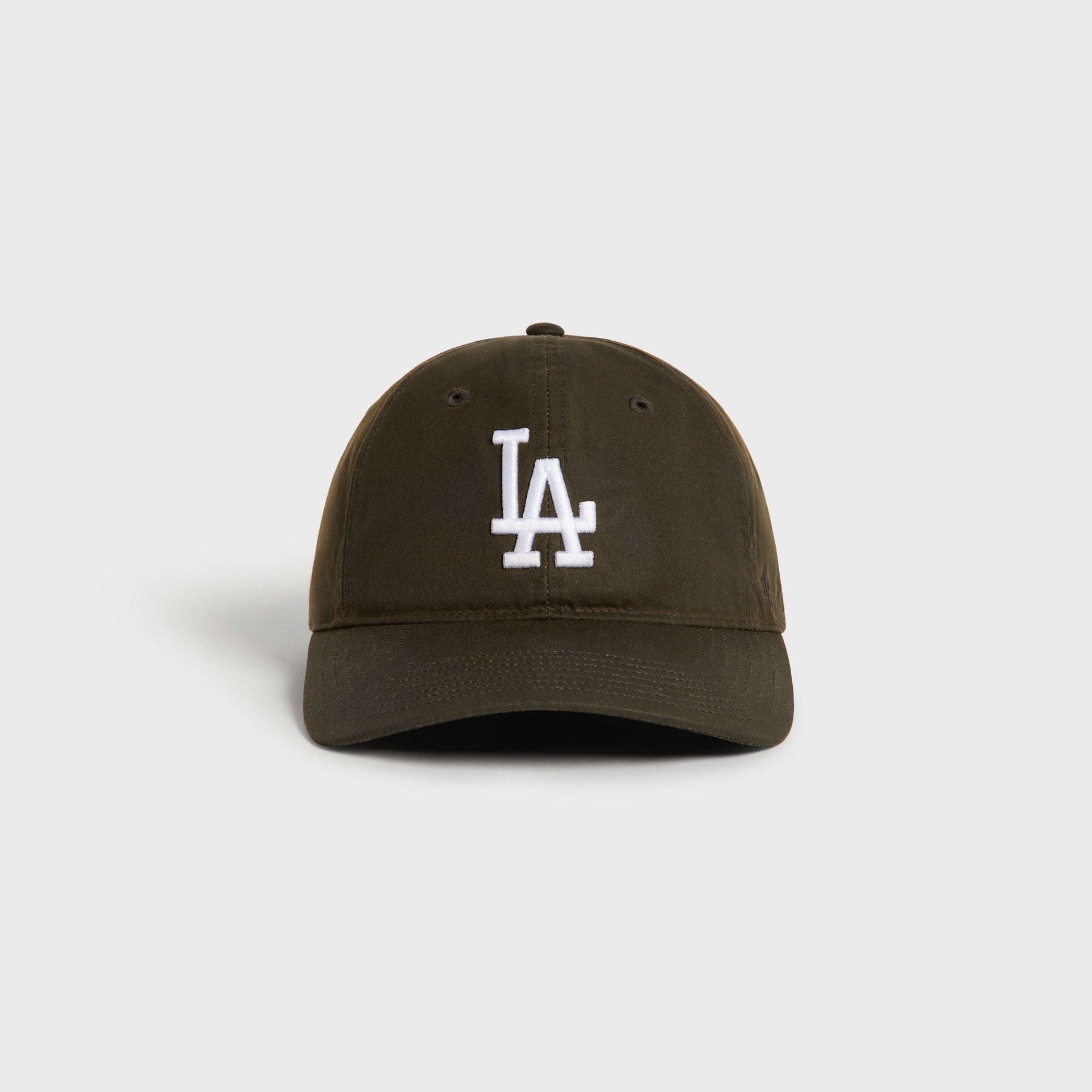 Kith & '47 Los Angeles Dodgers Waxed Cotton cap in olive Cypress, front view with the white embroidered LA logo.