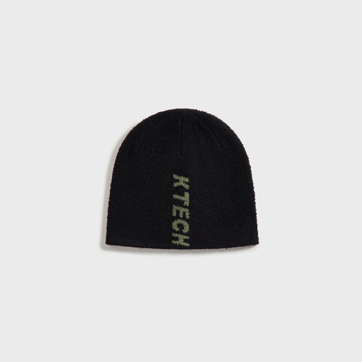 Kith Boucle Cuffless Beanie in black with olive KTECH logo on side, front view