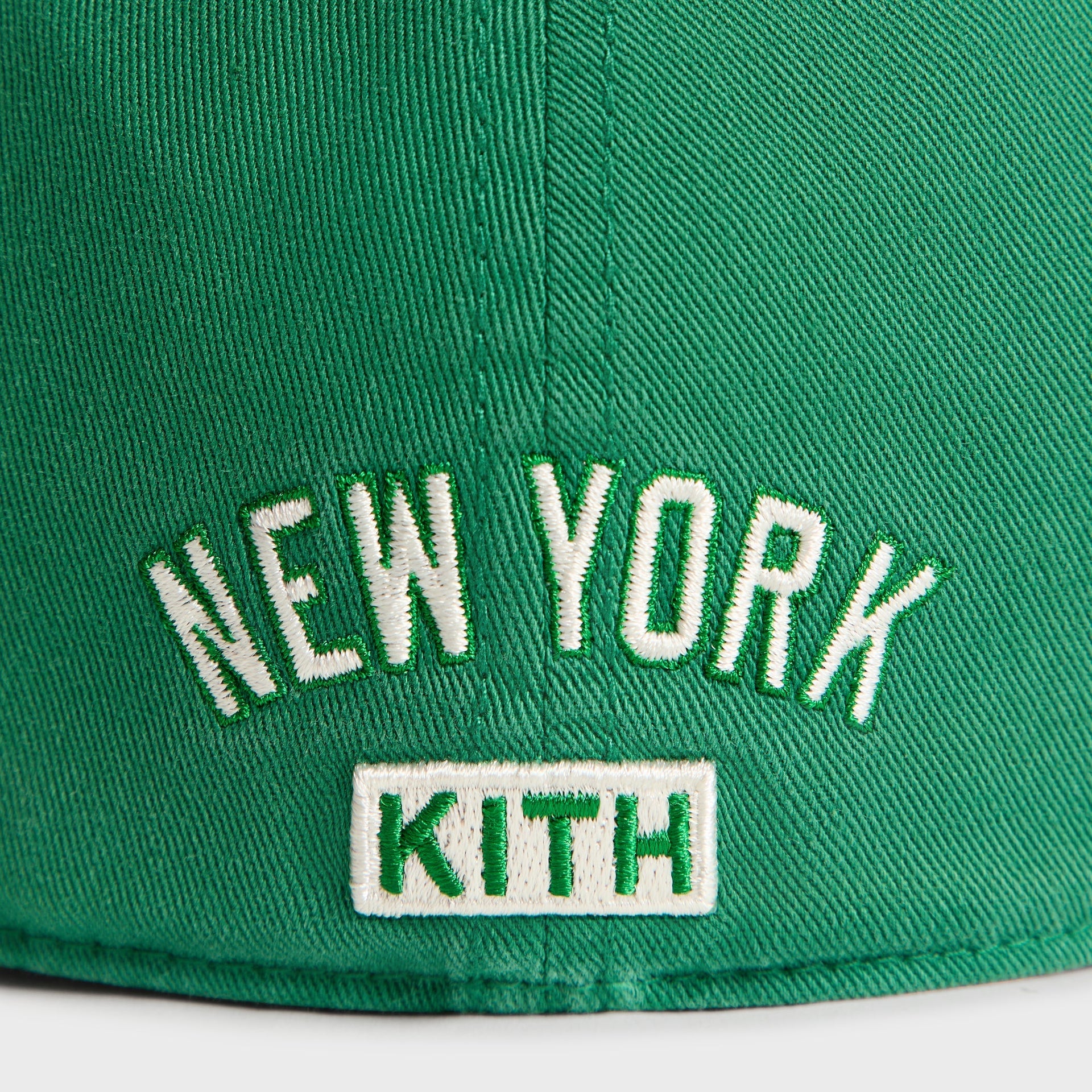 Kith & '47 Yankees cap in Kelly green - close-up detail of New York KITH text on back