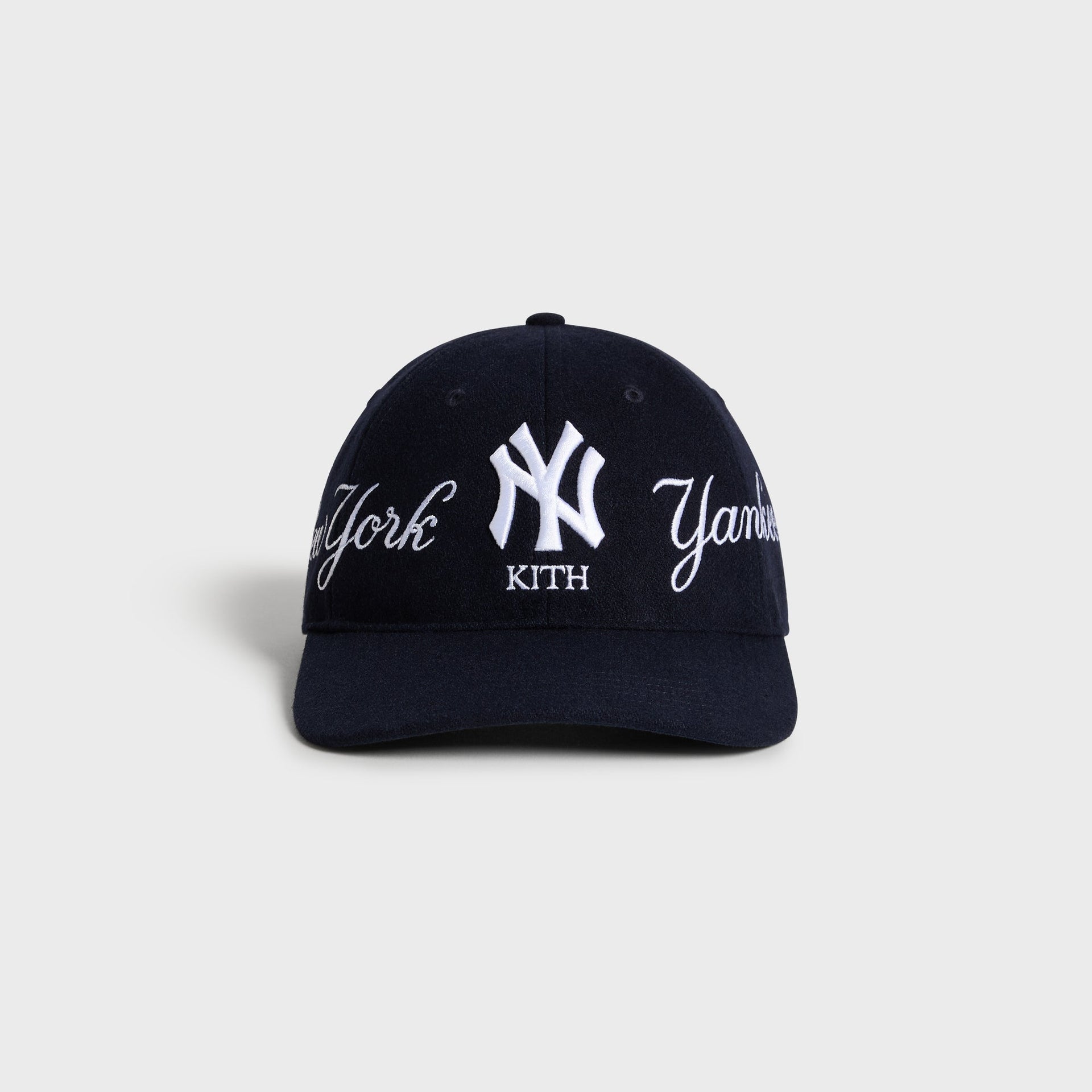 Kith & '47 Wool K Clean Up Cap, Yankees, Nocturnal navy - front view with New York Yankees script and NY logo