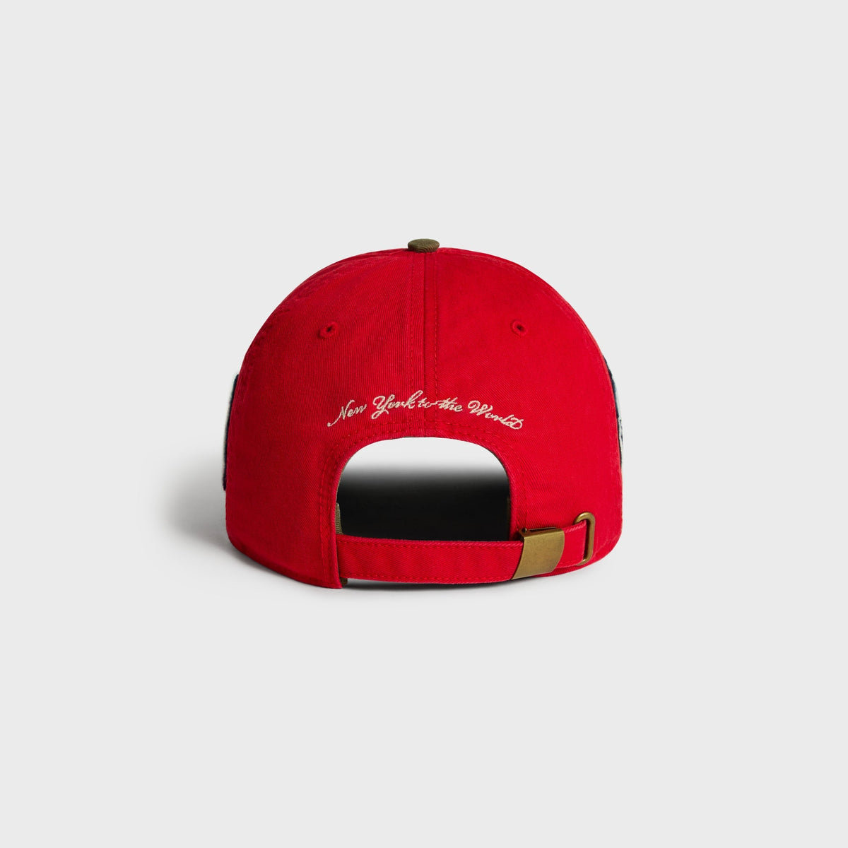 Kith & '47 Clean Up Round Visor Cap in Retro, back view with New York to the World script embroidery