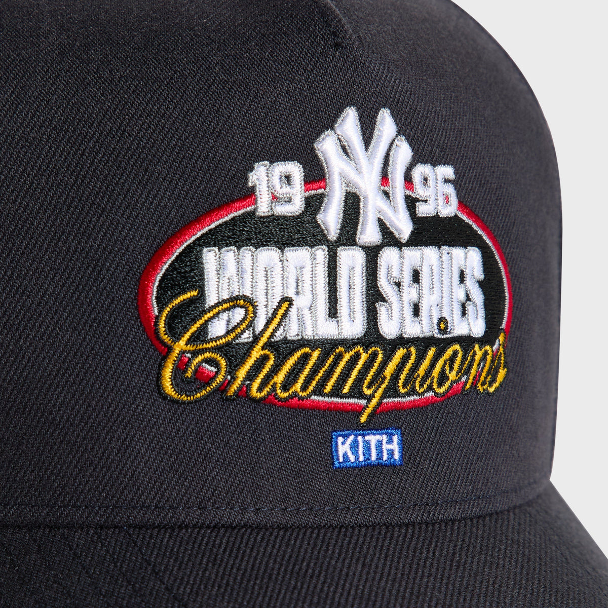 Close-up of 1996 World Series Champions patch and NY logo on Nocturnal Ballpark Offside DT Cap