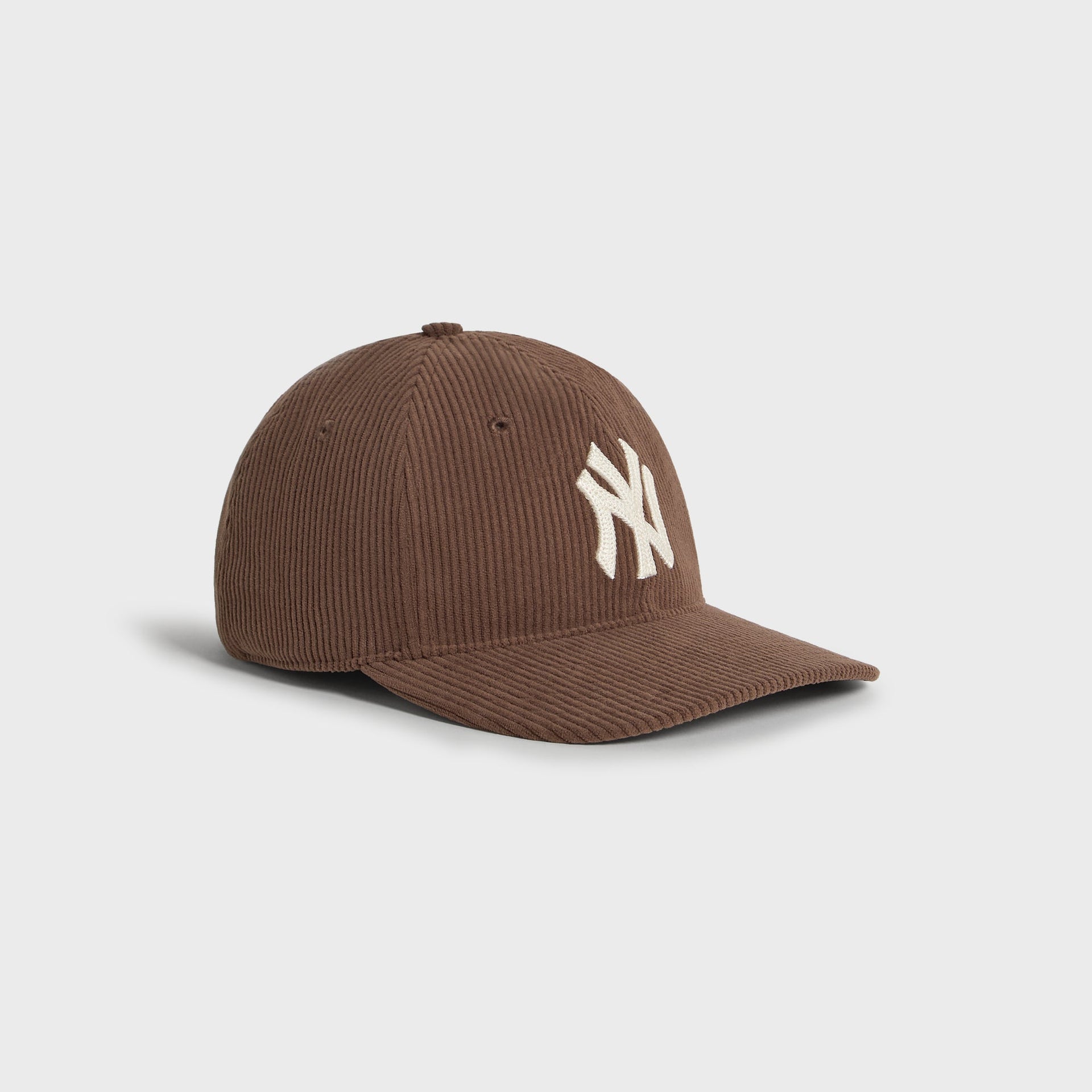 Kith & '47 for the New York Yankees Corduroy Franchise LS Cap in Kindling brown, side angle view showing the curved brim and corduroy ribbing.