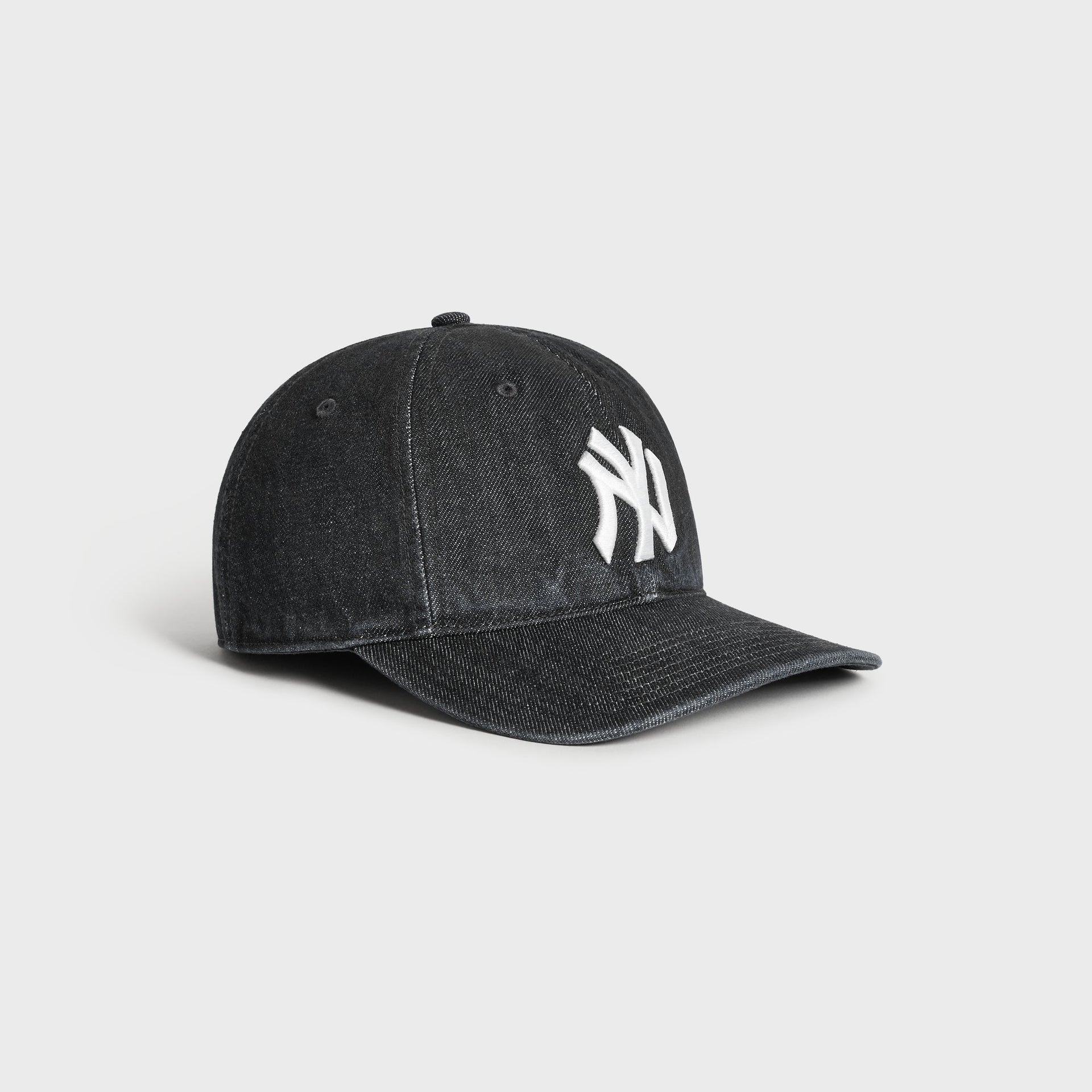 Kith & '47 Yankees Denim Franchise cap, angled 3/4 view showing curved brim and denim texture