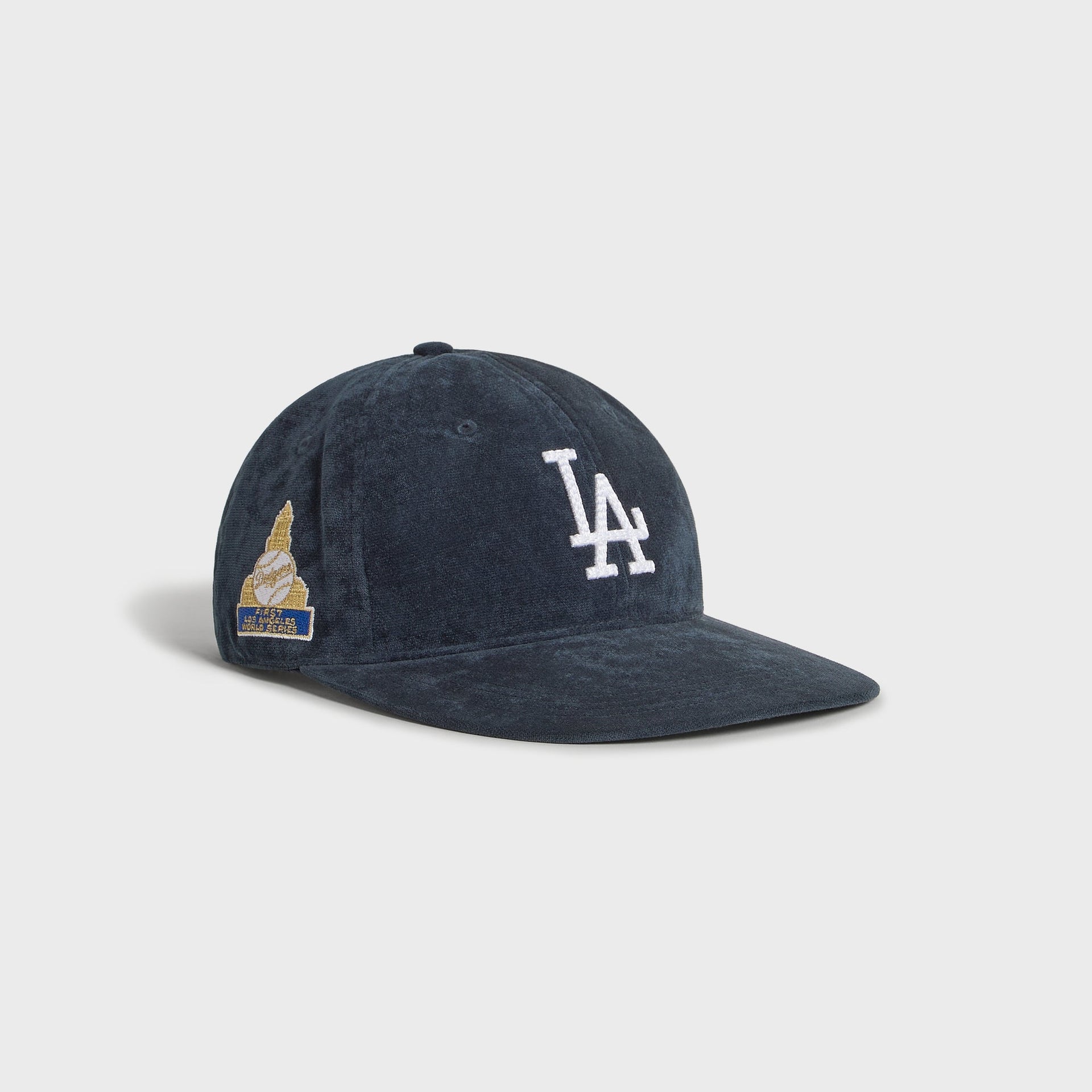 Kith & '47 Los Angeles Dodgers Long Bill cap in Nocturnal, angled 3/4 view showing LA logo and World Series patch